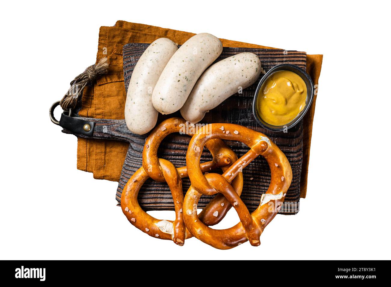 Traditional German pretzel with white sausage and mustard. Isolated, white background Stock Photo