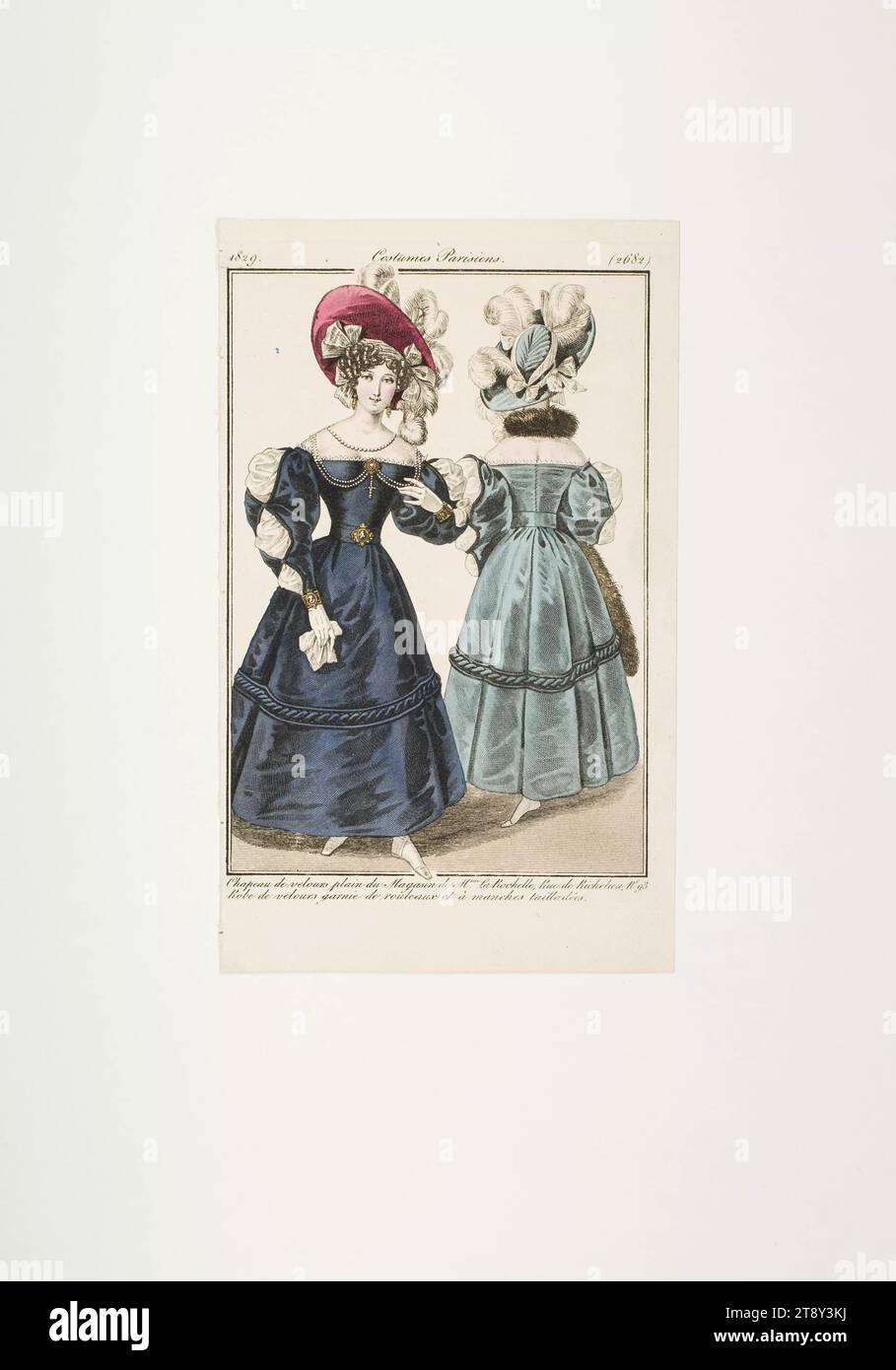 Fashion plate: Two figures, velvet hats, blue velvet dresses with ham sleeves, Unknown, 1829, paper, colorised, copperplate engraving, height 19, 8 cm, width 12 cm, plate size 17, 4×11, 2 cm, Fashion, Bourgeoisie, Biedermeier, fashion plates, head-gear, woman, dress, gown, The Vienna Collection Stock Photo