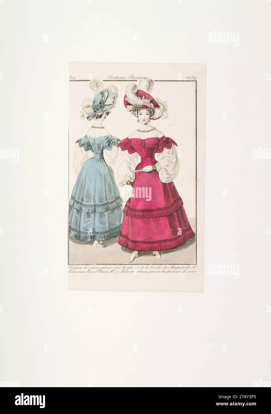 Fashion picture: Two figures, blue and red velvet dress decorated with fringes, white ham sleeves, Unknown, 1829, paper, colored, copperplate engraving, height 19, 8 cm, width 11, 9 cm, plate size 17, 6×11, 4 cm, Fashion, Bourgeoisie, Biedermeier, fashion plates, head-gear, woman, dress, gown, The Vienna Collection Stock Photo