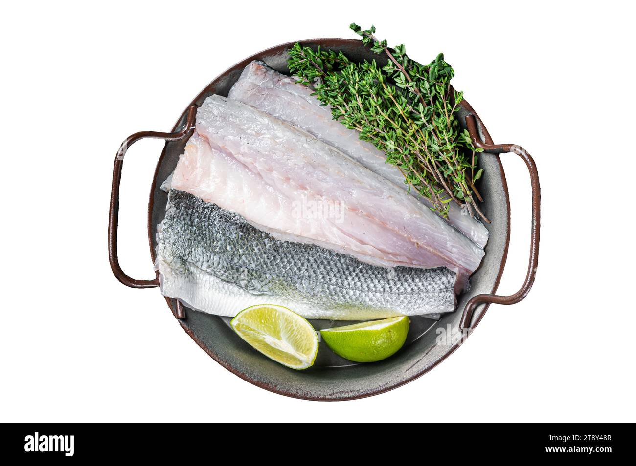 Raw Sea Bass fillet, Labrax fish with herbs and lime. Isolated, white