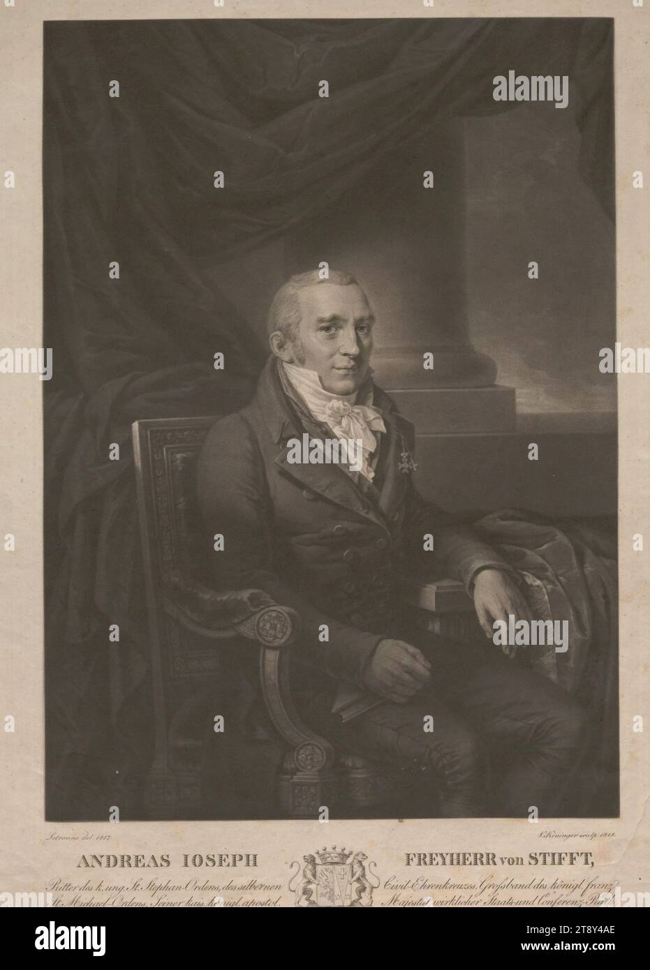 ANDREAS IOSEPH FREYHERR von STIFFT, Knight of the k. ung. Order of St. Stephen, the Silver Cross of Civil Honor, Grand Ribbon of the Royal French Order of St. Stephen. St. (...)', Vinzenz Georg Kininger (1767-1851), mezzotint artist, 1818, paper, mezzotint, height 42 cm, width 31, 2 cm, plate size 41, 8×28, 7 cm, inscription, 'Letronne del. 1817.', 'V. Kininger sculp. 1818.', Fine Arts, Health Care, Estate Constantin von Wurzbach, portrait, man, physician, doctor., The Vienna Collection Stock Photo