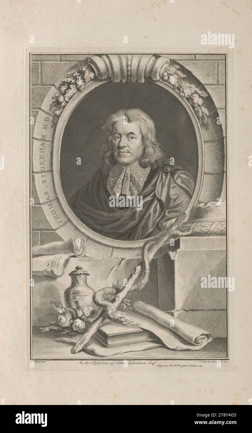 THOMAS SYDENHAM M. D.', Jakob Houbraken (1698-1780), copper engraver, 1747, paper, copperplate engraving, height 49, 9 cm, width 32, 8 cm, plate size 37, 3×23, 8 cm, inscription, 'P. Lely pinxit.', 'J. Houbraken sculps. Amst. 1746.', 'In the Possession of John Sydenham Esqr.', 'Impensis J & P Knapton Londini. 1747.', Fine Arts, Health Care, Estate Constantin von Wurzbach, man, portrait, physician, doctor., The Vienna Collection Stock Photo