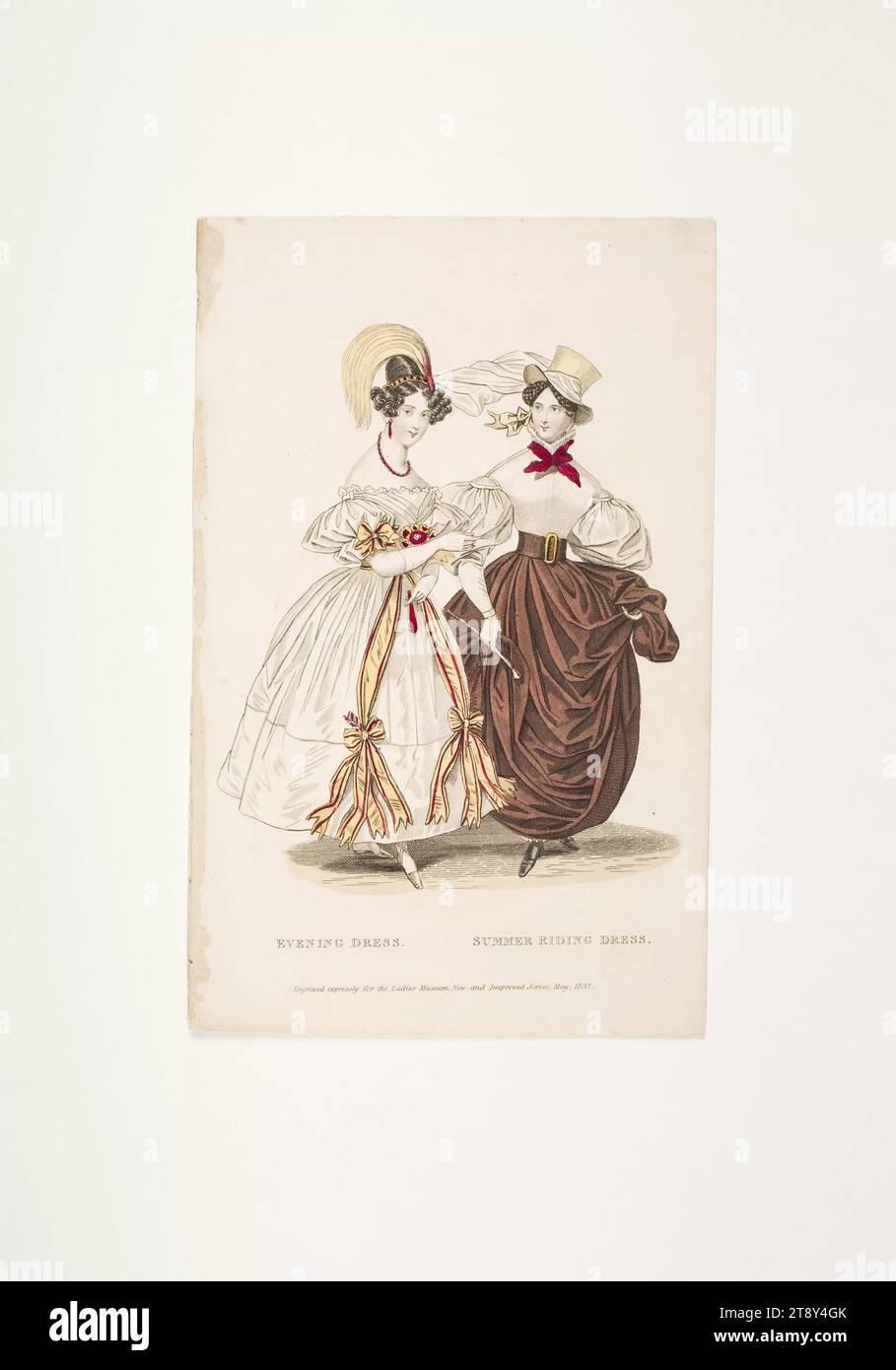 Fashion image: Two figures, evening and summer riding dress, Unknown, 1832, paper, colorised, copperplate engraving, height 21, 5 cm, width 13, 7 cm, Fashion, Bourgeoisie, Biedermeier, Recreation and Leisure, Sports, Nightlife, fashion plates, head-gear, woman, dress, gown, The Vienna Collection Stock Photo