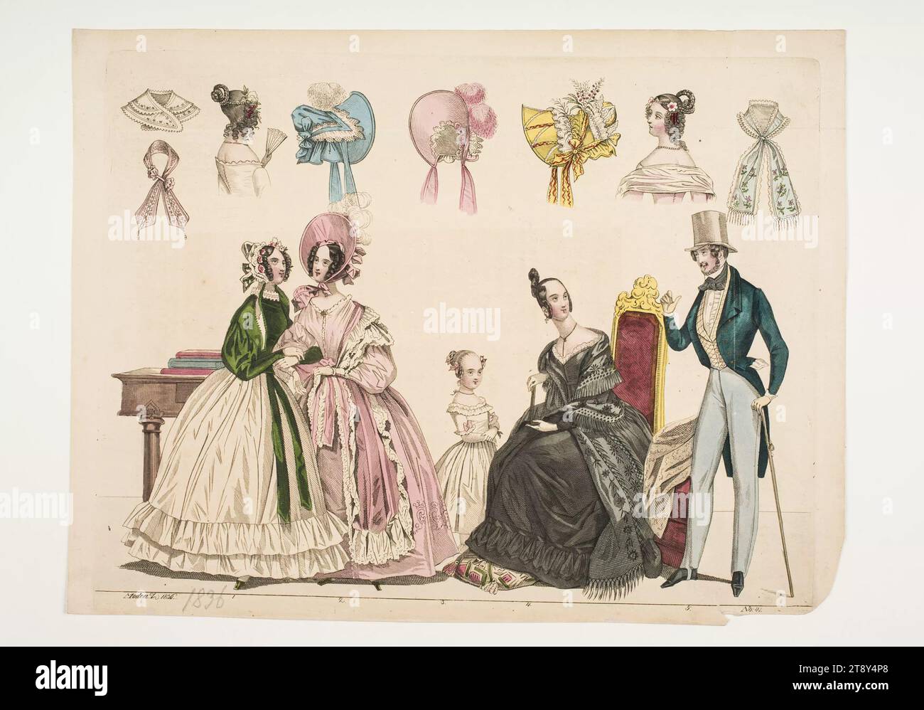 Fashion picture: five figures, women's, men's and children's fashions, hats, collars, and hairstyles, Unknown, 1836, paper, colored, copperplate engraving, height 28.4 cm, width 21.5 cm, plate size 26.2×20.7 cm, fashion, bourgeoisie, family, fashion plates, headdress, fashion, clothes (+ girl's clothes), hairstyle, dandy, pretty boy, hair dress, coat, girl's dress, woman, man, child, accessories ( clothes), The Vienna Collection Stock Photo