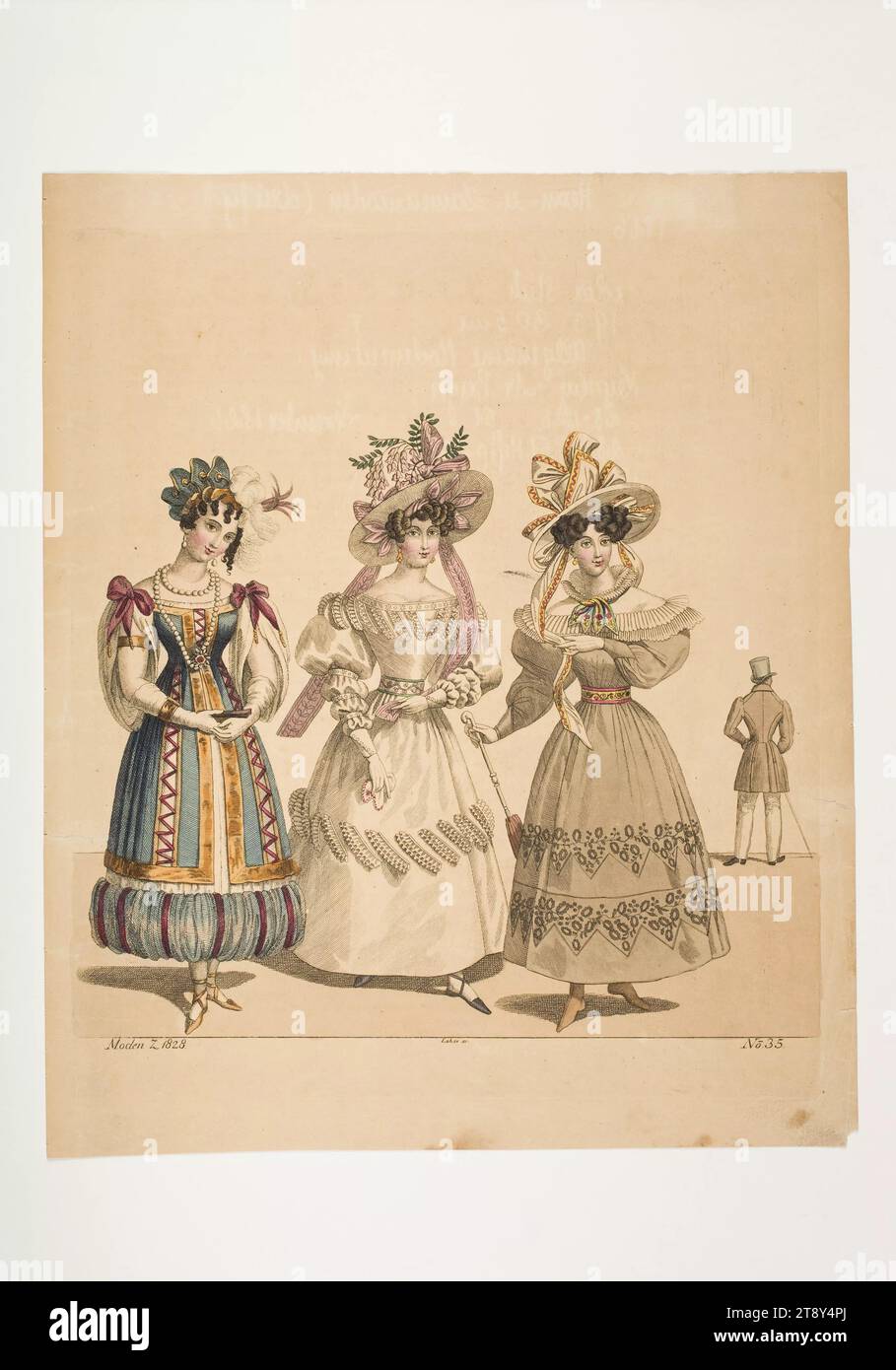 Fashion picture: four figures, a man's suit, two promenade dresses, an English fancy ball gown, Unknown, 1828, paper, colored, copperplate engraving, height 26 cm, width 20, 5 cm, plate size 23×19, 8 cm, fashion, bourgeoisie, Biedermeier, public festivals and celebrations, dance, night life, costumes, fashion boards, headgear, clothing for official occasions, dress, robe: Ball gown, dandy, beau, coat, woman, man, dress, robe, The Vienna Collection Stock Photo