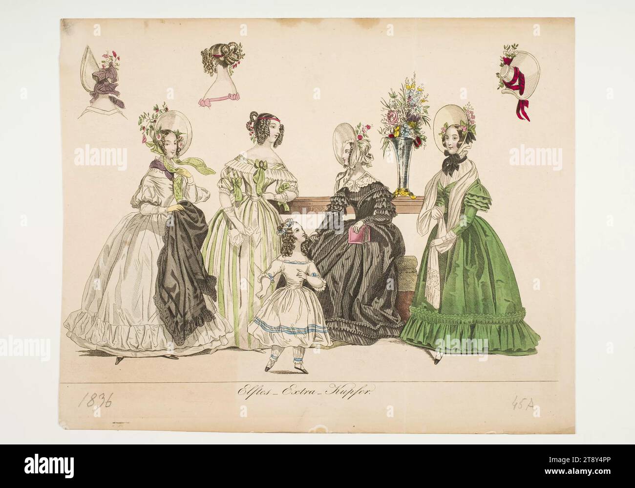 Fashion picture: Five figures, ladies and children fashions, Unknown, 1836, paper, colored, copperplate engraving, height 27, 5 cm, width 22 cm, plate size 26, 7×20, 9 cm, fashion, bourgeoisie, fashion plates, headgear, fashion, clothes (+ girls clothes), hairstyle, girls dress, woman, child, accessories ( clothes), The Vienna Collection Stock Photo