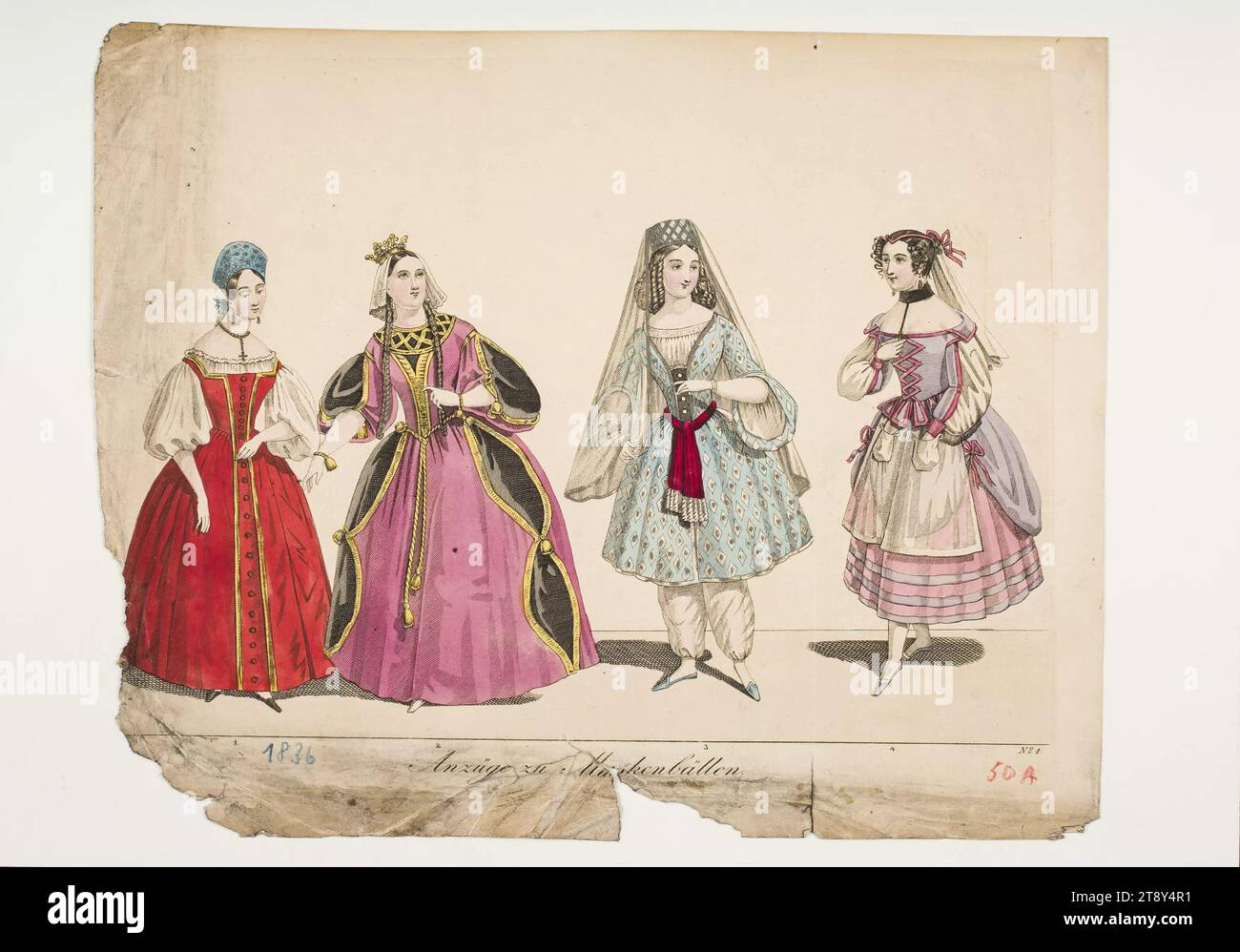 Fashion image: four figures, suits for masquerade balls, Unknown, 1836, paper, colored, copperplate engraving, height 27.5 cm, width 22 cm, plate size 26.2×20.3 cm, fashion, bourgeoisie, public festivals and celebrations, costumes, dance, nightlife, fashion boards, headdress, dress, dress: ball gown, dress for official occasions, woman, dress, dress, The Vienna Collection Stock Photo