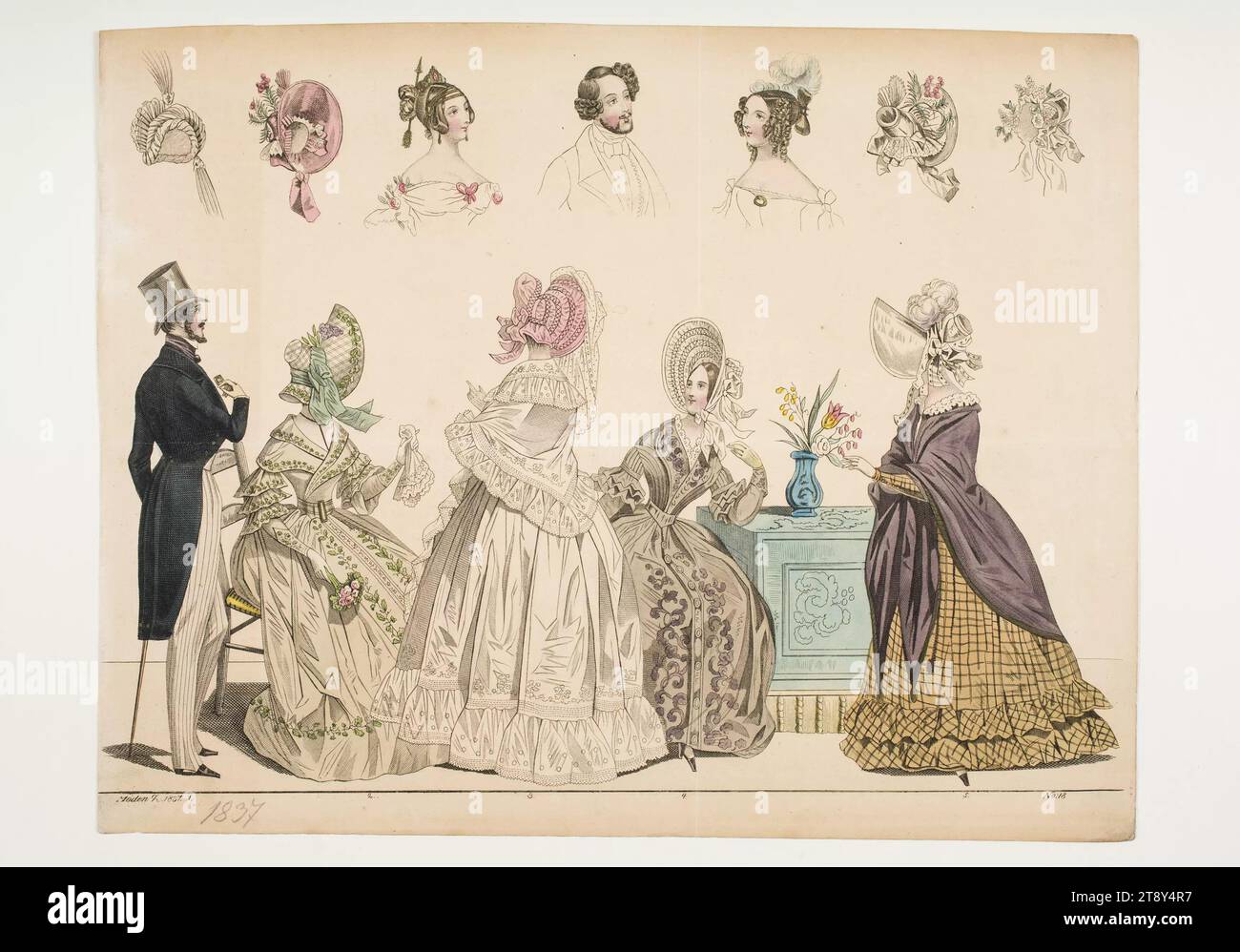 Fashion picture: five figures, women's and men's fashions, hats, hairstyles, Unknown, 1837, paper, colored, copperplate engraving, plate size 28, 4×22 cm, fashion, bourgeoisie, Biedermeier, fashion plates, headgear, hairstyle, dandy, beau, coat, woman, man, accessories (~ clothes), The Vienna Collection Stock Photo