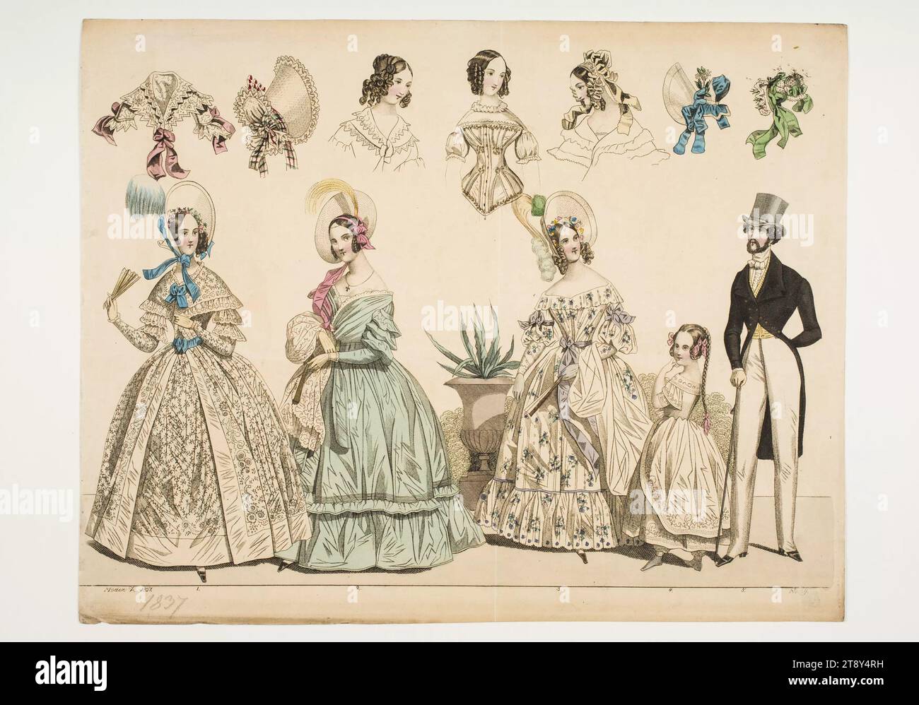 Fashion picture: five figures, ladies', men's and children's fashion, a collar, hats, hairstyles, Unknown, 1837, paper, colored, copperplate engraving, height 28.3 cm, width 22.4 cm, plate size 27.8×21.3 cm, fashion, bourgeoisie, family, fashion plates, headgear, fashion, clothes (+ girls' clothes), hairstyle, dandy, beau, coat, girls' dress, woman, man, child, accessories ( clothes), The Vienna Collection Stock Photo