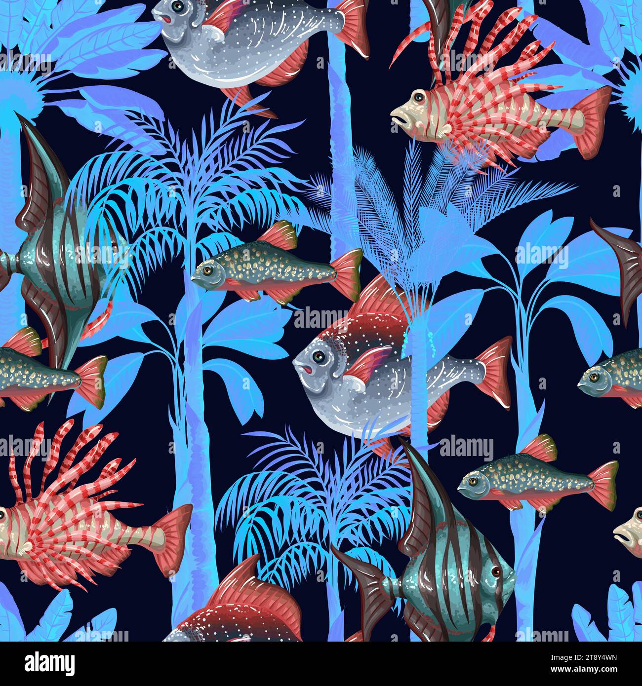 Seamless pattern with sea fishes and trees. Vector. Stock Vector