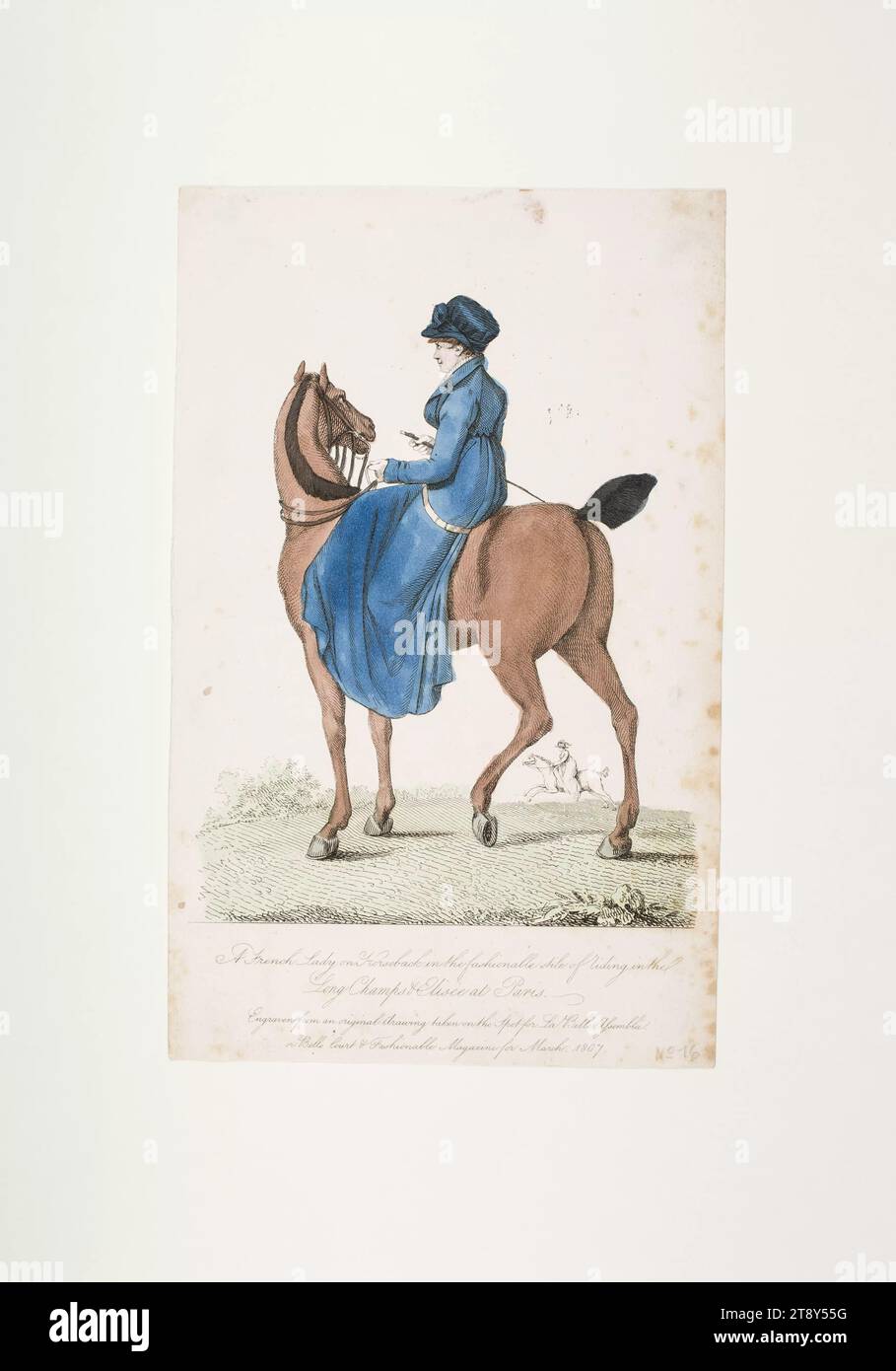 Fashion image: A figure, riding dress (Long Champs Elisee), Unknown, 1807, paper, colored, copperplate engraving, plate size 23, 1×14, 5 cm, fashion, bourgeoisie, animals, fashion plates, headgear, horse, woman, dress, robe, The Vienna Collection Stock Photo