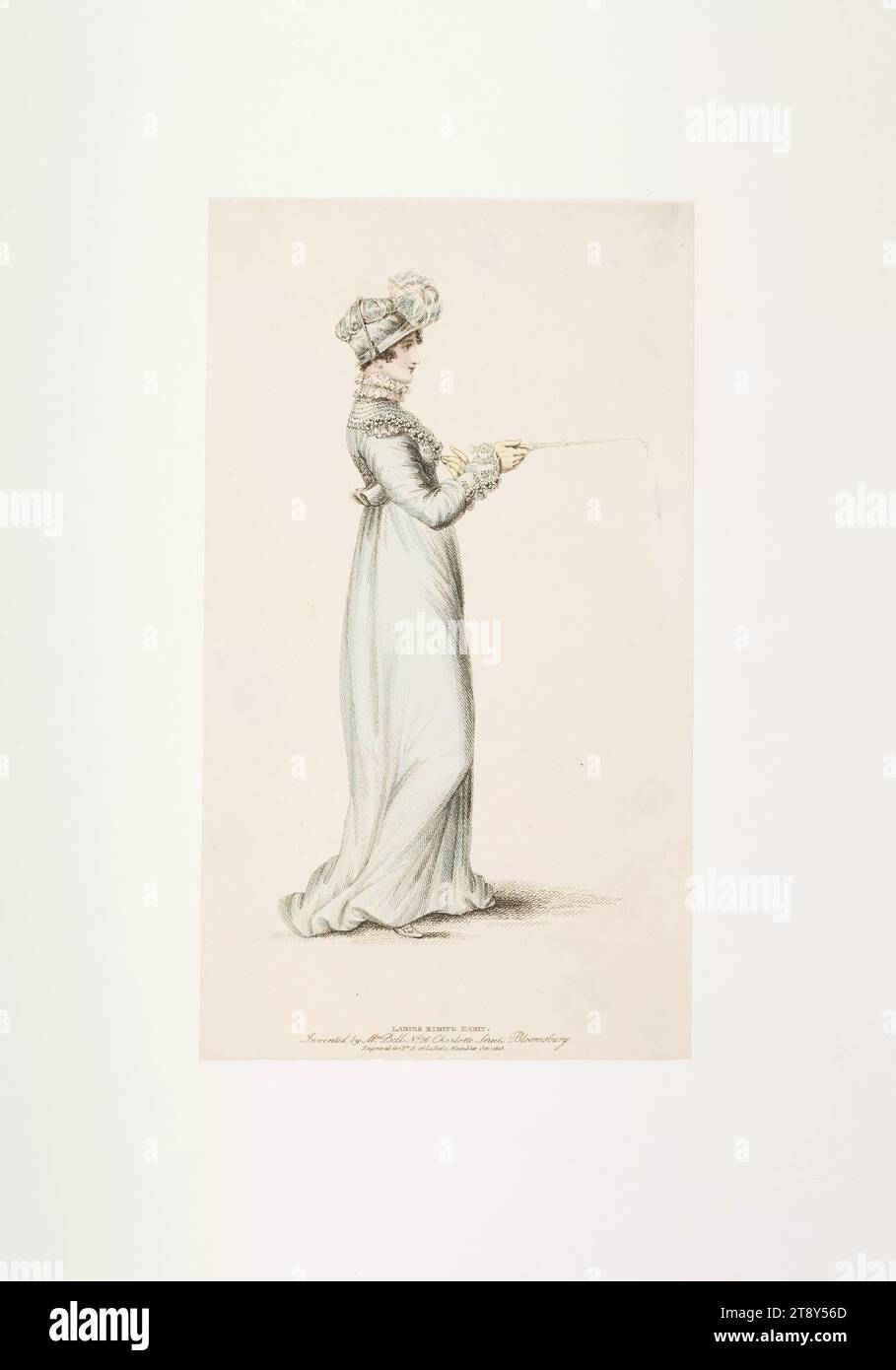 Fashion image: A figure, lady riding dress, colored copperplate engraving, Unknown, 1815, paper, colored, copperplate engraving, plate size 22, 7×13, 1 cm, fashion, bourgeoisie, Biedermeier, fashion plates, headgear, woman, dress, robe, The Vienna Collection Stock Photo