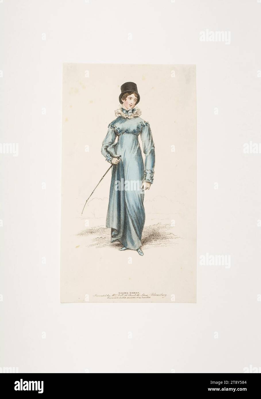 Fashion image: A figure, lady riding dress, Unknown, 1816, paper, colored, copperplate engraving, plate size 21, 7×21, 4 cm, fashion, bourgeoisie, Biedermeier, fashion plates, headgear, woman, dress, robe, The Vienna Collection Stock Photo