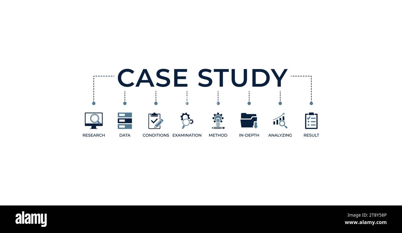 Case study banner web icon vector illustration concept with icon of research, data, conditions, examination, method, in-depth, analyzing, and result Stock Vector