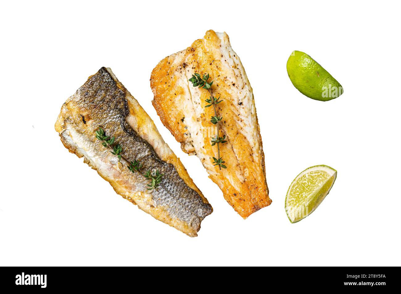 Grilled sea bass fillet with lime and thyme. Isolated, white background