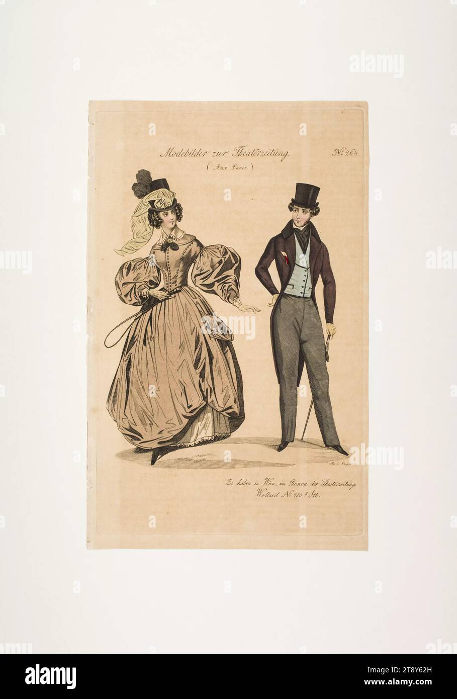Fashion picture: lady riding dress, man suit, Unknown, 1835, paper, colorised, copperplate engraving, height 23, 2 cm, width 14, 5 cm, plate size 21, 9×13, 7 cm, Fashion, Bourgeoisie, Biedermeier, fashion plates, head-gear, dandy, beau, coat, woman, man, dress, gown, The Vienna Collection Stock Photo