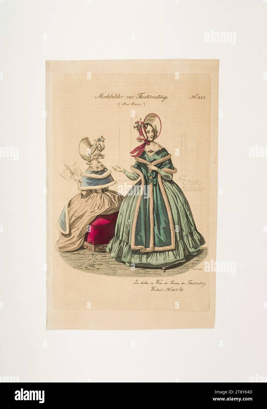 Fashion picture: Two figures, women's dresses with long fur trimmed stole, Unknown, 1836, paper, colorised, copperplate engraving, height 23, 8 cm, width 15 cm, plate size 20, 9×13, 9 cm, Fashion, Bourgeoisie, fashion plates, head-gear, woman, neck-gear  clothing, dress, gown, The Vienna Collection Stock Photo