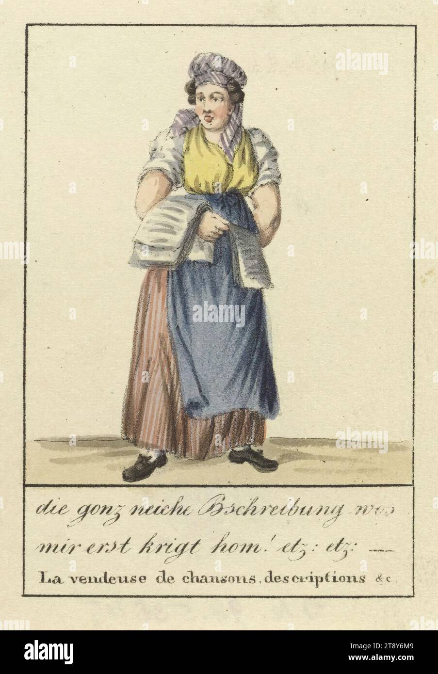 Wiener Ausruffungen': 'die gonz neiche Bschreibung wos mir erst krigt hom! etz: etz:, La vendeuse de chancons descriptions & c.' [Saleswoman of death sentences], Ferdinand Cosandier († 1845), Artist, Josef Bermann (1810-1886), publisher, Date around 1820, paper, colorised, lithography, height 11, 3 cm, width 7, 8 cm, Job Depictions, Trade, Disease and Death, Stereotypes, woman, persons engaged in trade and commerce, The Vienna Collection Stock Photo