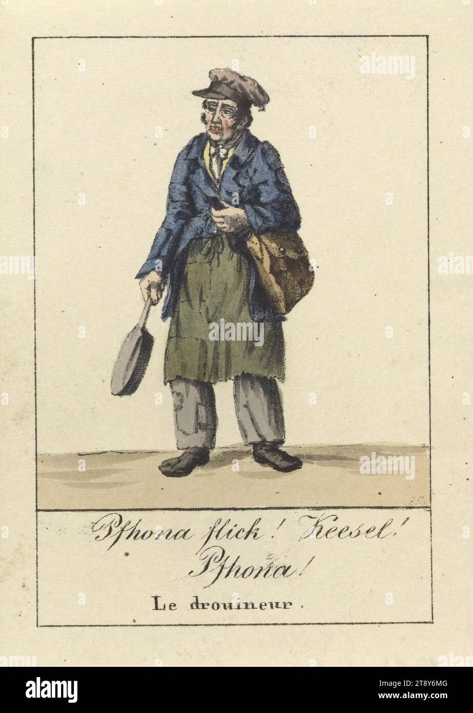 Viennese exclamations: 'Pfhona flick! Keesel! Pfhona!, Le drouineur.' [Pfannenflicker], Ferdinand Cosandier († 1845), Artist, Josef Bermann (1810-1886), publisher, Date around 1820, paper, colorised, lithography, height 11, 3 cm, width 7, 8 cm, Job Depictions, Craftmanship, Stereotypes, man, kitchen-utensils: pan, The Vienna Collection Stock Photo