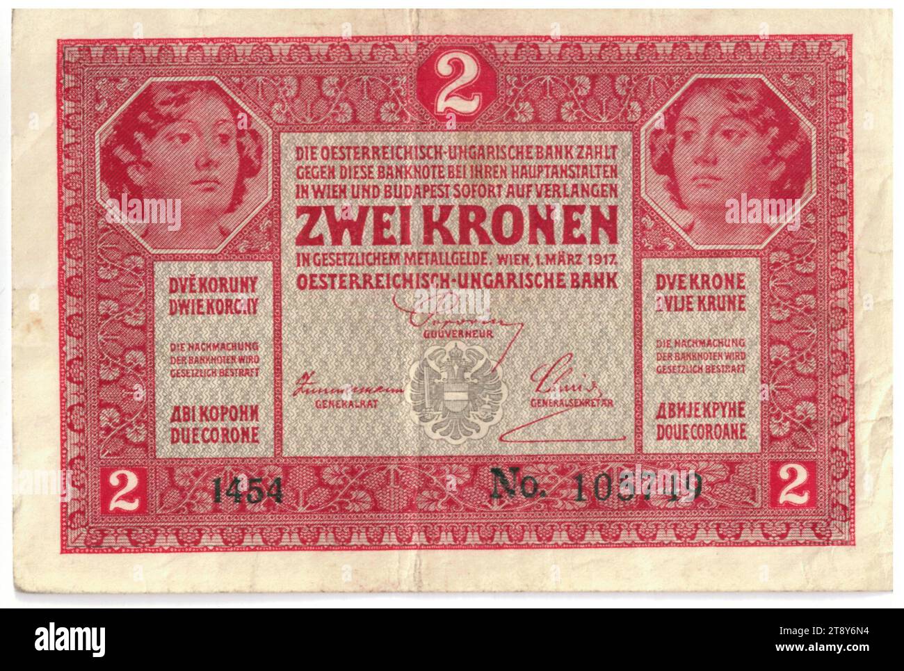 Banknote, 2 crowns, Alois Hans Schram (1864-1919), artist, Rudolf Rössler (1864-1934), artist, Rudolf Junk (1880-1943), artist, Österreichisch-ungarische Bank, mint authority, 01.03. 1917, paper, printing, width 124 mm, height 83 mm, Mint, Vienna, Mint territory, Austria-Hungary, Empire (1804, 06-1918), World War 1, Finance, coat of arms (as symbol of the state, etc.), woman, bank-note, money, The Vienna Collection Stock Photo