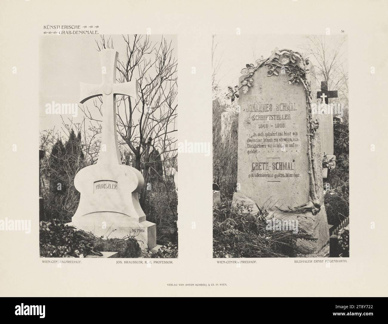 Zentralfriedhof, gravestone Krauszler, Jos. Kraussler, gravestone Schmal, sculptor Ernst Hegenbarth (sheet no. 56 from: Artistic Grave Monuments. Modern Architecture & Sculpture of Cemeteries and Churches in Austria-Hungary, Series 2, Anton Schroll & Co., Vienna), Anton Schroll & Co., publishing house, Date around 1910, paperboard, Collotype, sheet size 31×41 cm, Fine Arts, Disease and Death, 11th District: Simmering, grave-building, monumental tomb, Zentralfriedhof, sculpture, grave, tomb, The Vienna Collection Stock Photo