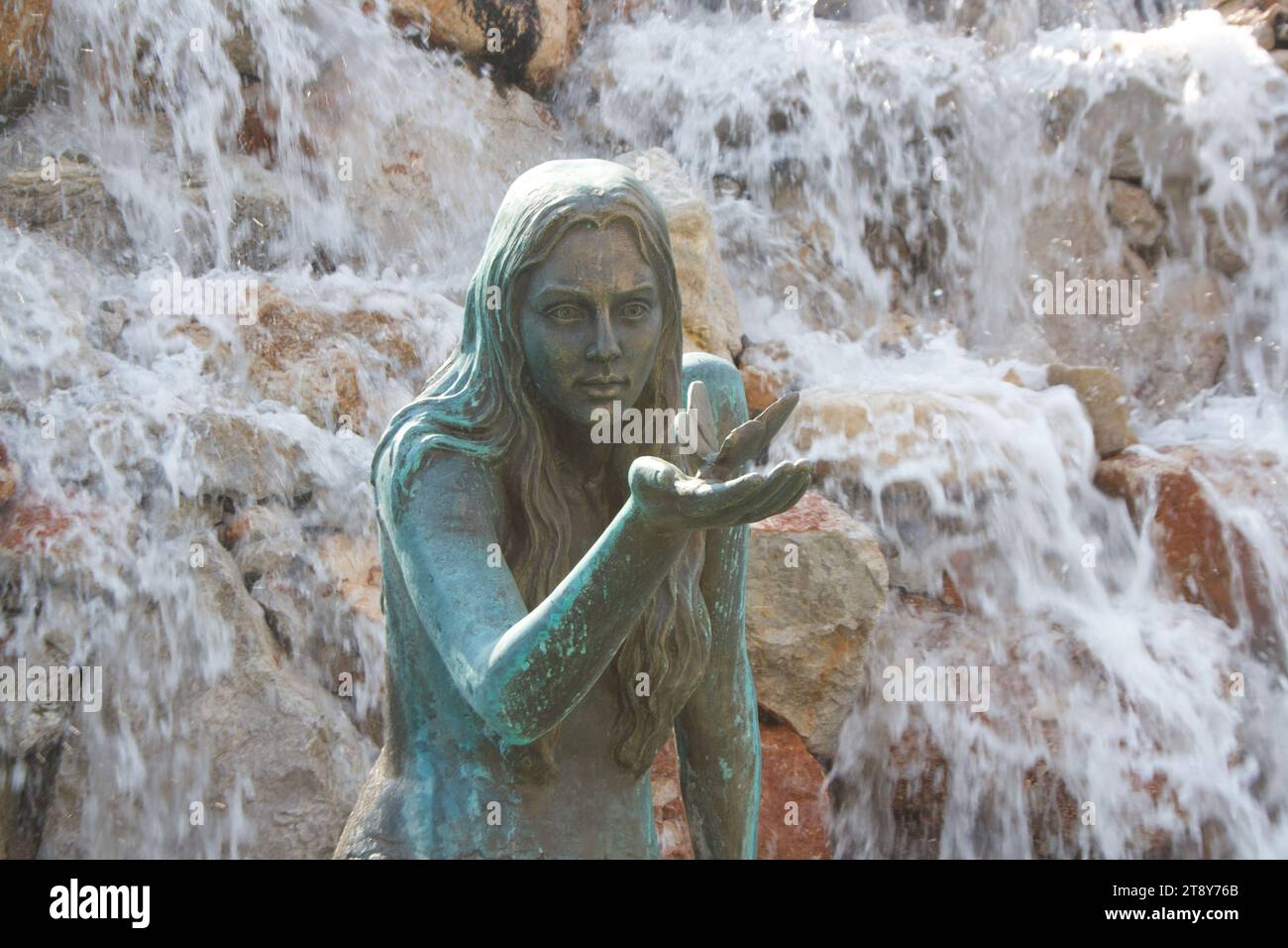 Mermaid Statue in waterfall at Fountain Square, Marmaris, Turkey Stock