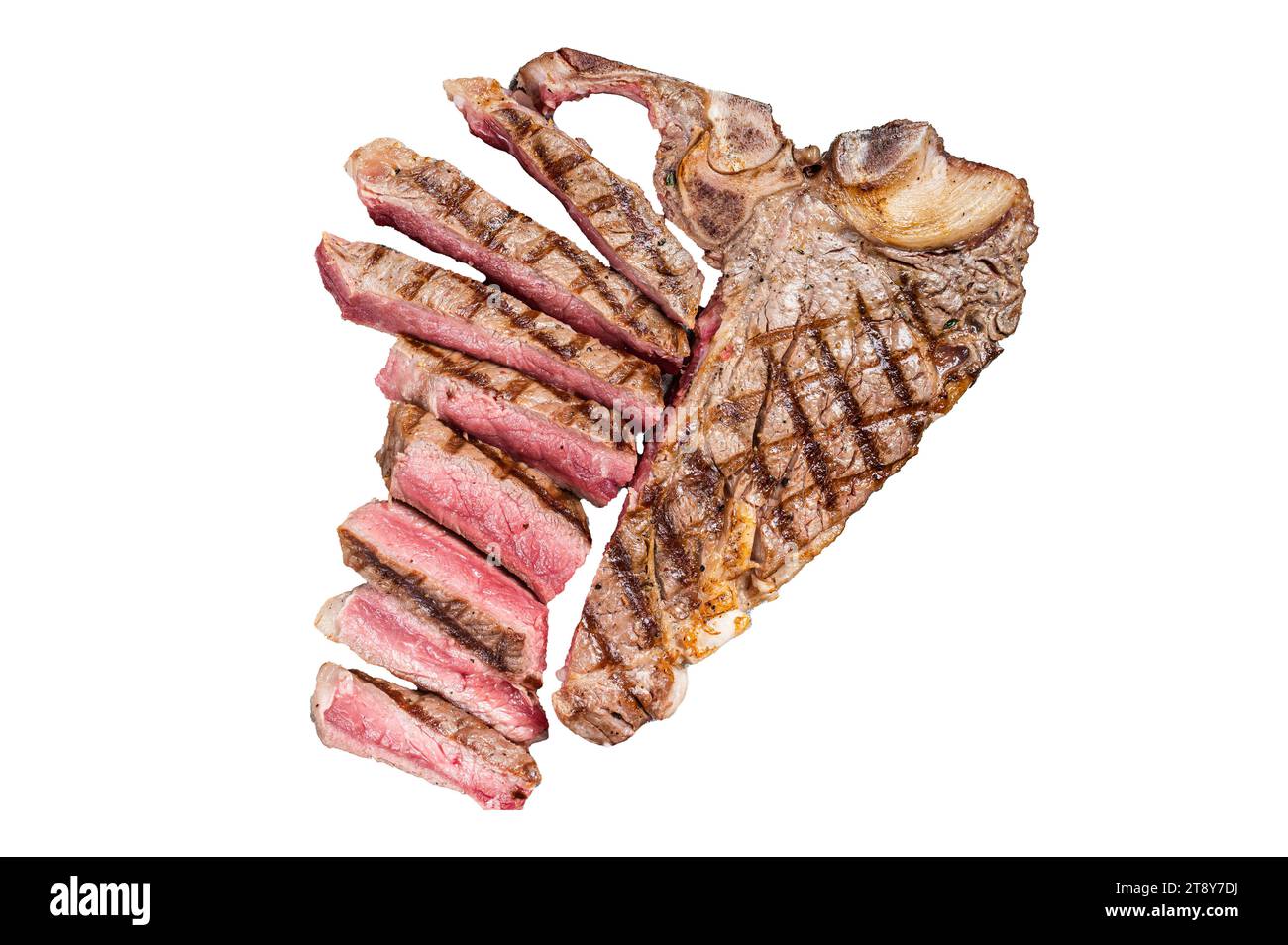 Medium rare Grilled TBone Steak, Florentine steak sliced in a steel