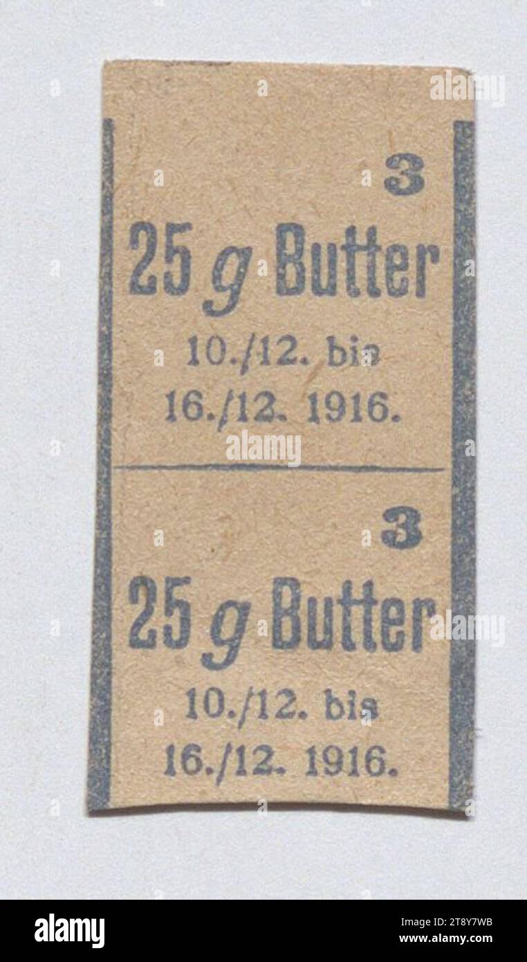 World War I food stamps for butter, 1916, Unknown, 1916, paper, print, height 8.1 cm, width 2.3 cm, World War I, war and war events, food and drink, social issues, ration card, The Vienna Collection Stock Photo