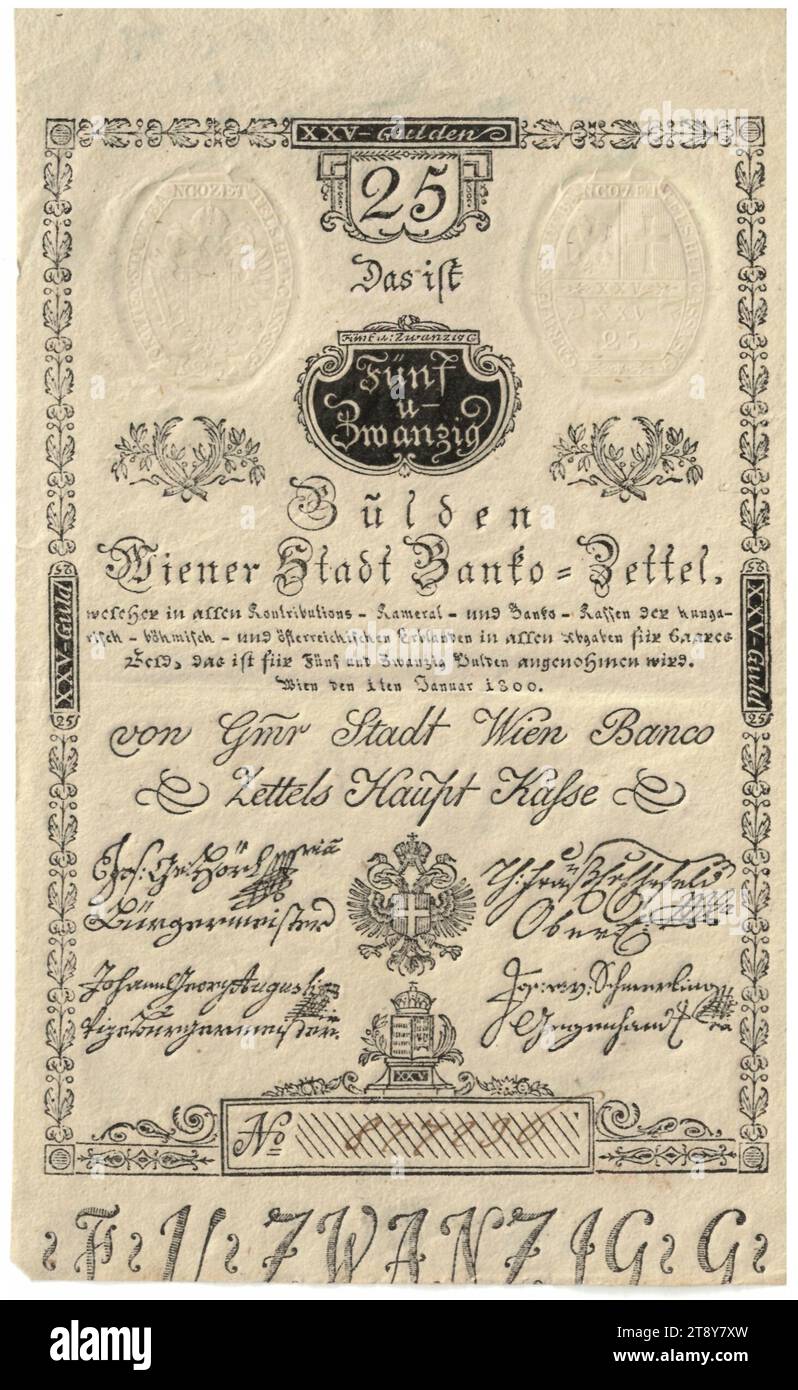 Banco slip, 25 florins, Vienna City Banco, Mint Authority, 01.01.1800, paper, print, width 92 mm, height 151 mm, mint, Vienna, mint area, Austria, Empire (1804-1867), finance, coat of arms (as state symbol, etc.), banknote, money, The Vienna Collection Stock Photo