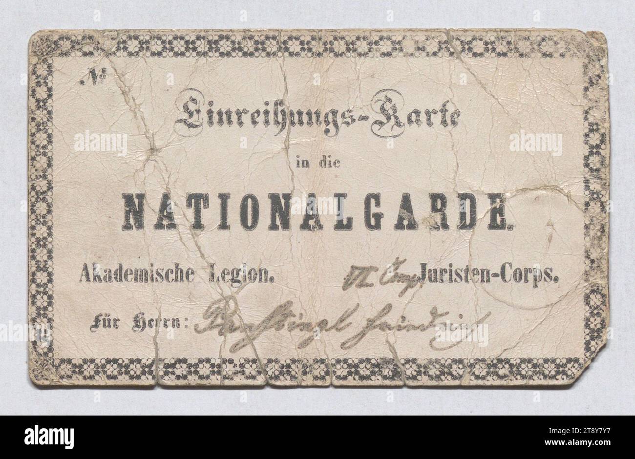 Enlistment card in the National Guard, Academic Legion, VI. Comp., Juristen-Corps, for Friedrich Panstingl, Unknown, 1848, cardboard, print and handwriting, height 7.1 cm, width 11.5 cm, military, universities, civic, revolutions of 1848, 1849, communication (military), The Vienna Collection Stock Photo