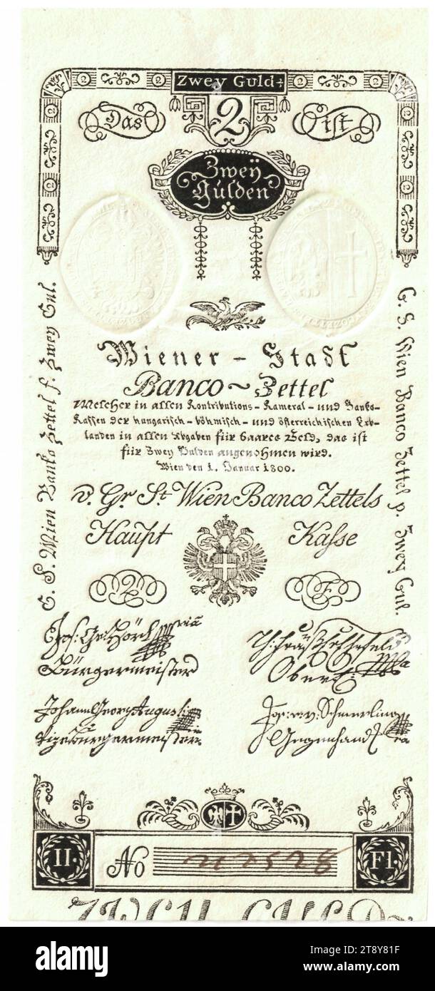 Banco slip, 2 florins, Vienna City Banco, Mint Authority, 01.01.1800, paper, print, height 77 mm, width 171 mm, coin, Vienna, mint area, Austria, Empire (1804-1867), finance, coat of arms (as state symbol, etc.), banknote, money, The Vienna Collection Stock Photo