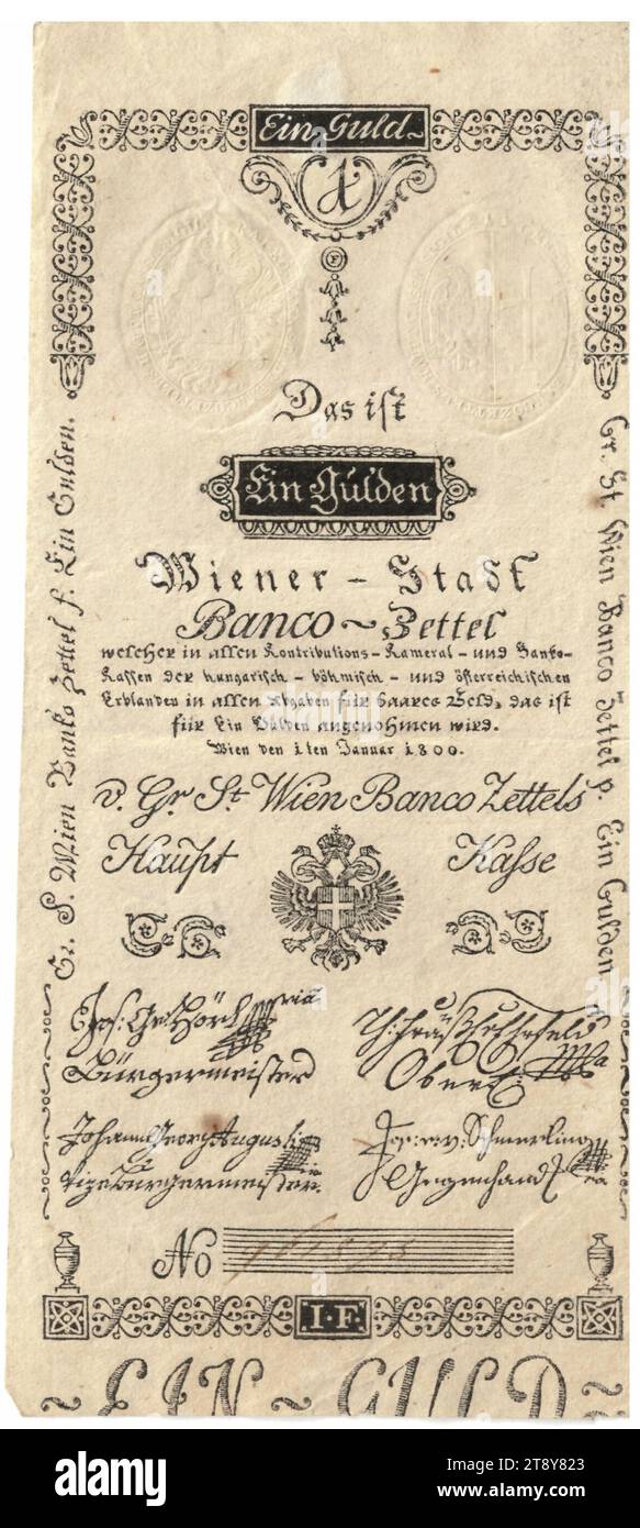 Banco slip, 1 florin, Vienna City Banco, Mint Authority, 01.01.1800, paper, print, width 74 mm, height 163 mm, coin, Vienna, mint area, Austria, Empire (1804-1867), finance, coat of arms (as state symbol, etc.), banknote, money, The Vienna Collection Stock Photo