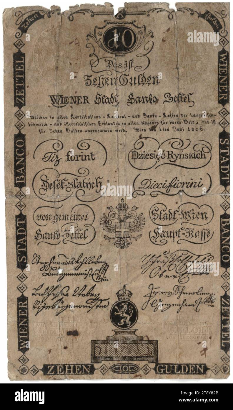 Banco slip, 10 florins, Vienna City Banco, mint authority, 01.06.1806, paper, print, width 91 mm, height 150 mm, coin, Vienna, mint area, Austria, Empire (1804-1867), finances, coat of arms (as state symbol, etc.), banknote, money, The Vienna Collection Stock Photo