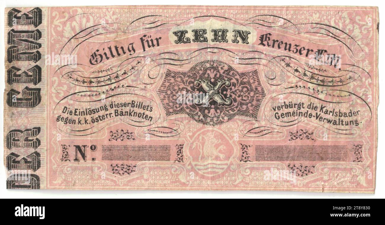 10 Kreuzer, Municipality of Karlovy Vary, Mint authority, Date around 1848, Paper, Print, Height×Width 60×120 mm, Mint, Karlsbad, Karlovy Vary, Mint area, Austria, Empire (1804-1867), Finance, Revolutions of 1848, 1849, Trading coin, Private coin, The Vienna Collection Stock Photo