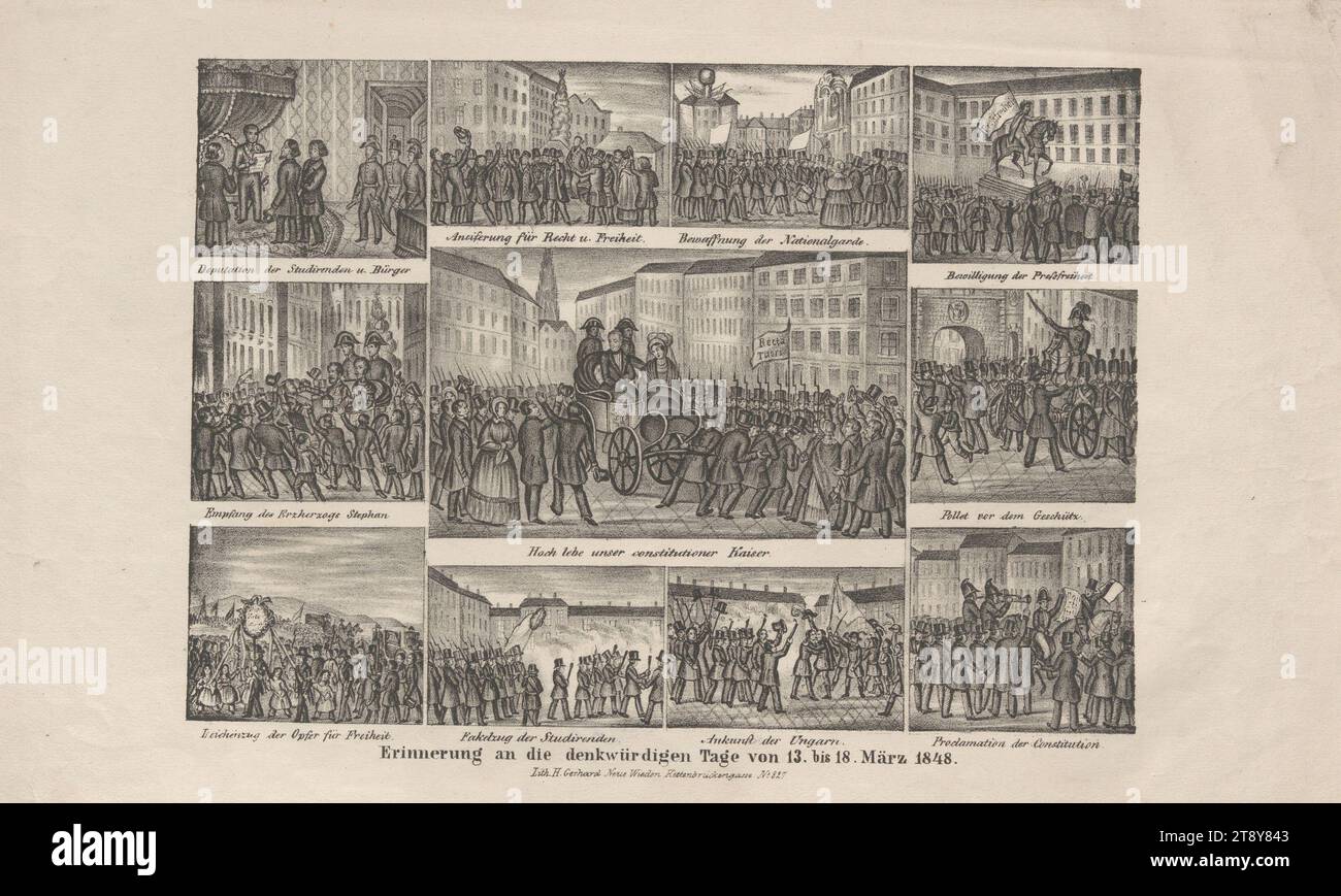 Remembrance of the memorable days of March 13-18, 1848', Heinrich Gerhart, lithographer, 1848, paper, chalk lithograph, height 28.4 cm, width 45 cm, fine arts, Habsburgs, revolutions of 1848, 1849, military, retinue, funeral procession, student, the soldier's life, king; emperor, ruler, ruler, The Vienna Collection Stock Photo