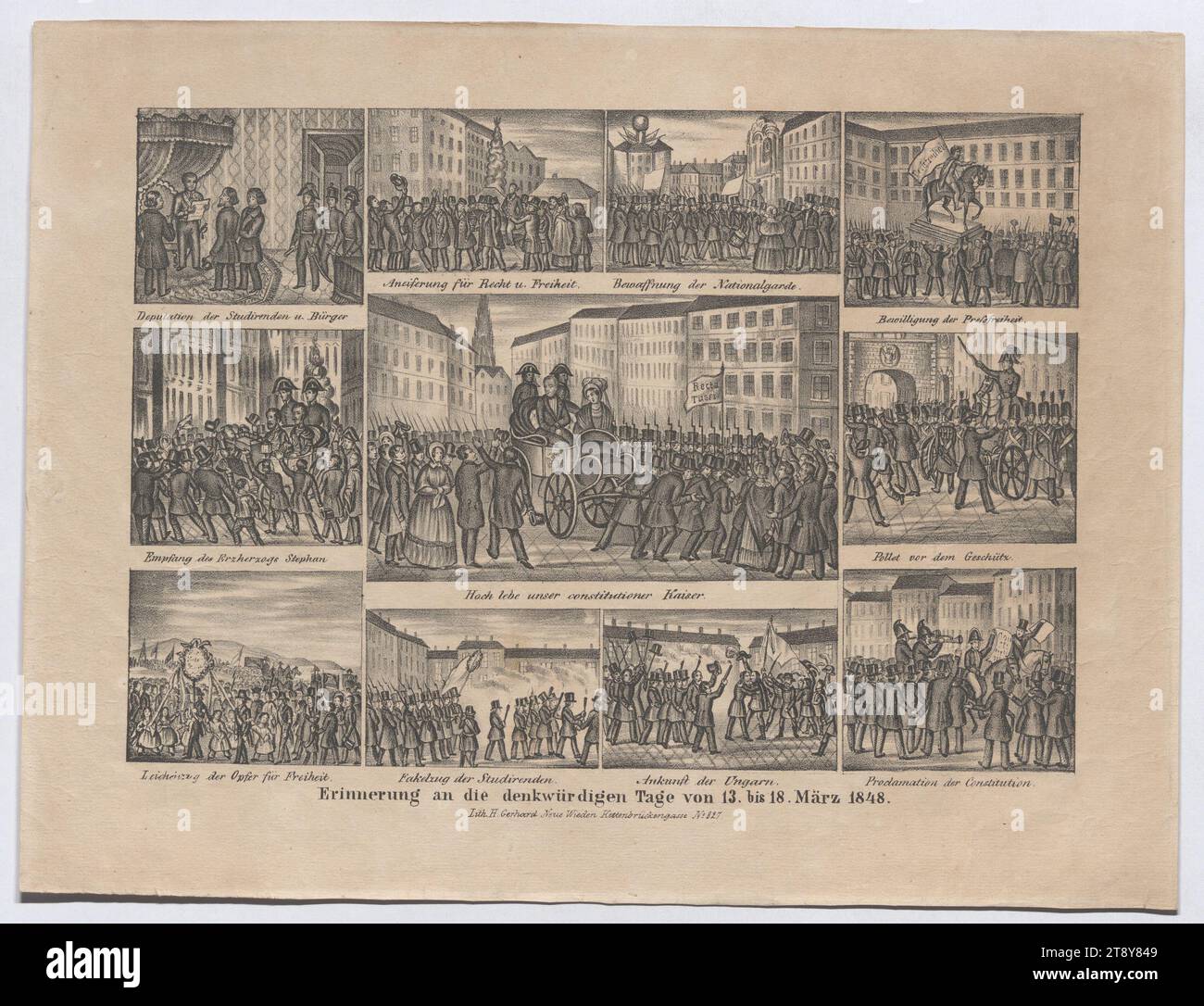 Remembrance of the memorable days of March 13-18, 1848', Heinrich Gerhart, lithographer, 1848, paper, chalk lithograph, height 28.9 cm, width 38.1 cm, fine arts, Habsburgs, revolutions of 1848, 1849, military, retinue, funeral procession, student, the soldier's life, king; emperor, ruler, sovereigns, The Vienna Collection Stock Photo