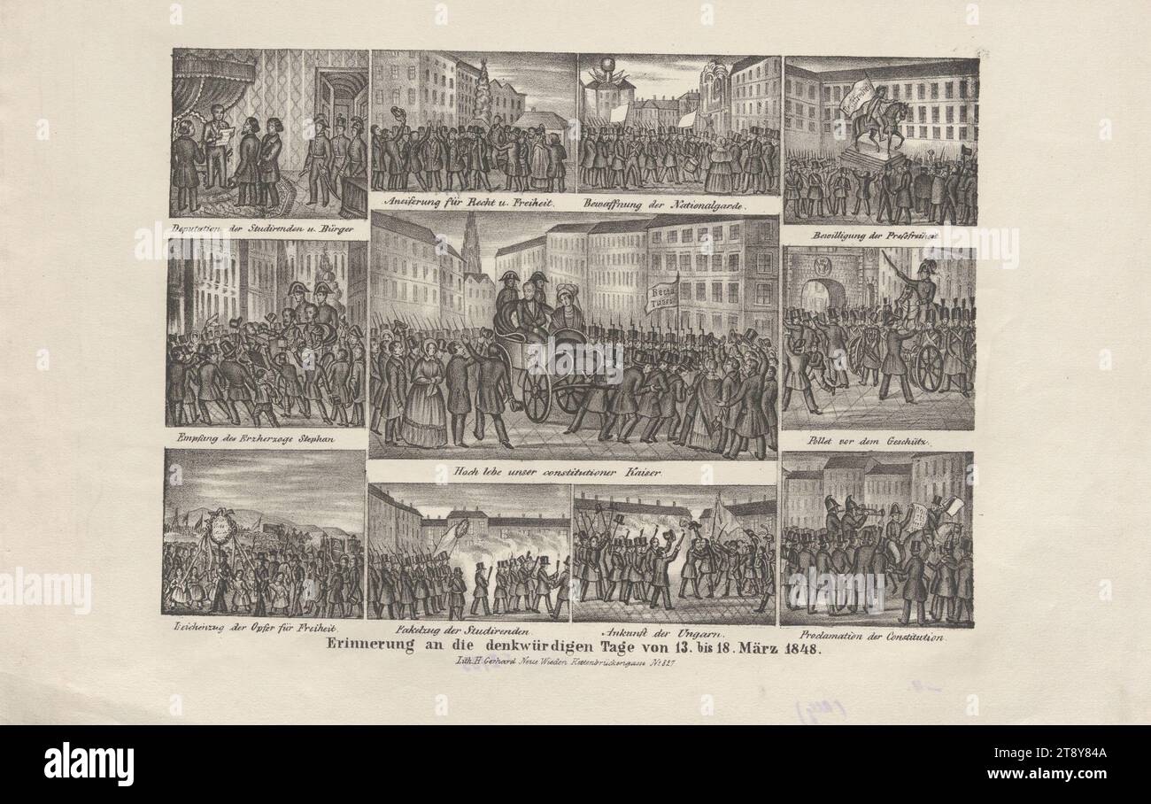 Remembrance of the memorable days of March 13-18, 1848', Heinrich Gerhart, lithograph, 1848, paper, chalk lithograph, height 28.7 cm, width 44.8 cm, fine art, Habsburgs, revolutions of 1848, 1849, military, retinue, funeral procession, student, the soldier; the soldier's life, king; emperor, ruler, ruler, The Vienna Collection Stock Photo