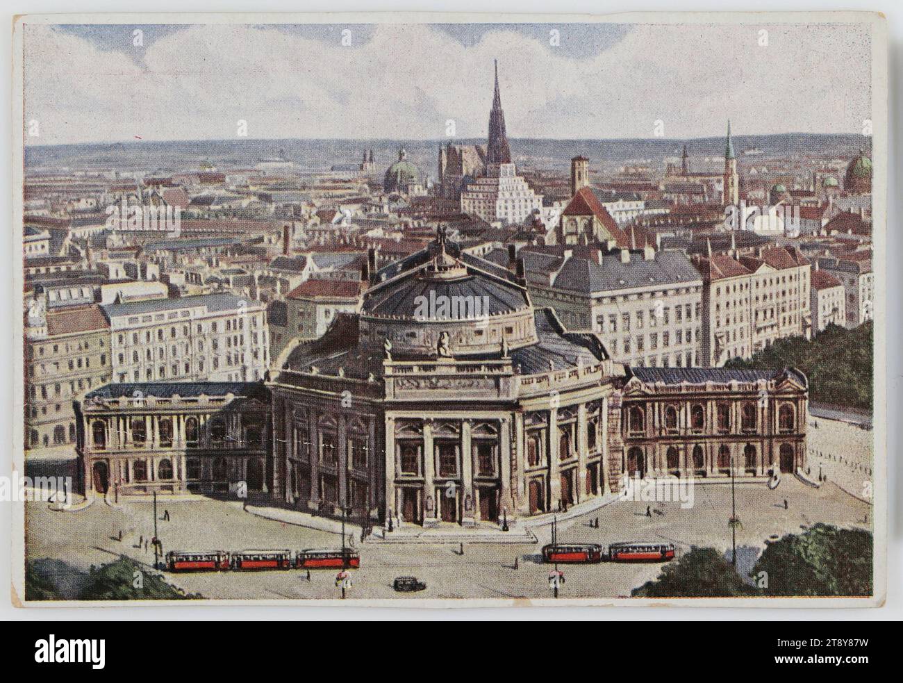 Vienna, Burgtheater, PAG Wien Verlag, producer, date after 1933, cardboard, halftone print, height×width 9.8×14.4 cm, Ringstraße, sights, theater, St. Stephen's Cathedral, public transportation, media and communication, traffic and transportation, 1st district: inner city, theater (building), roof (of house or building), railroad, tramway; cogwheel railroad, with people, The Vienna Collection Stock Photo