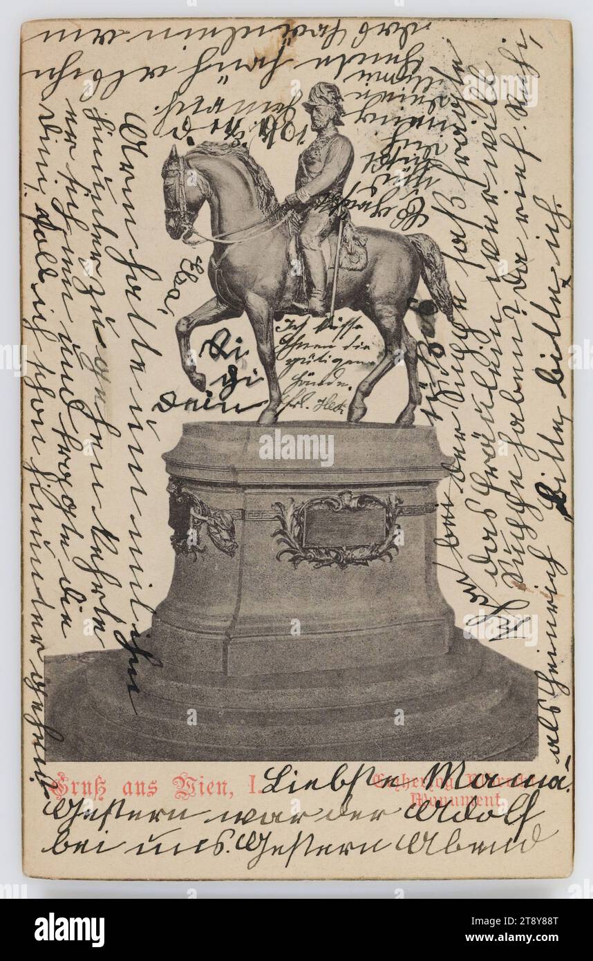 Greeting from Vienna, I. Archduke Albrecht Monument, Unknown, 1901, cardboard, collotype, height×width: about 14×9 cm, inscription, FROM, Vienna, TO, Abbazia, ADDRESS, Hochwohlgeboren Frau Bauräthin, in Abbazia, Pension Jahreszeiten, MESSAGE, Dearest Mom! Yesterday Adolf was with us. Last night, when Heinrich was already sitting with the soup, the young lady asked who would like to have soup? Then Richi shouted, 'Please, please me. This morning, when he had the young lady on his arm to go downstairs with him, he turned around and asked her Stock Photo