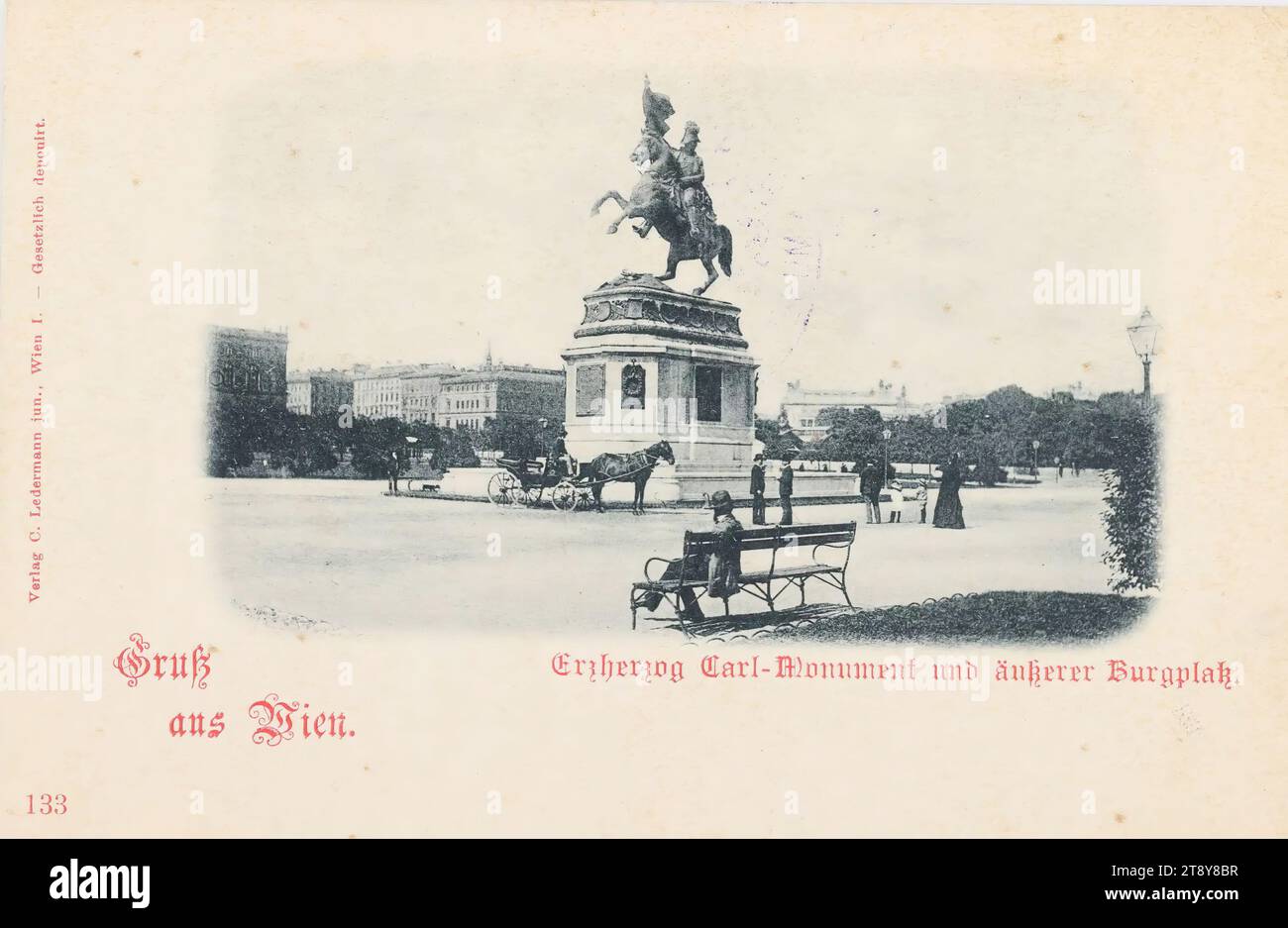 Greeting from Vienna. Archduke Carl monument and outer castle square, Carl (Karl) Ledermann Jr, maker, date around 1898, cardboard, collotype, Habsburg, 1st district: inner city, monument, statue, sculpture, square, place, circus, etc, with people, four-wheeled, animal-drawn vehicle, ex: Droschke, carriage, wagon, Heldenplatz, equestrian statue, Archduke Carl monument (1), The Vienna Collection Stock Photo