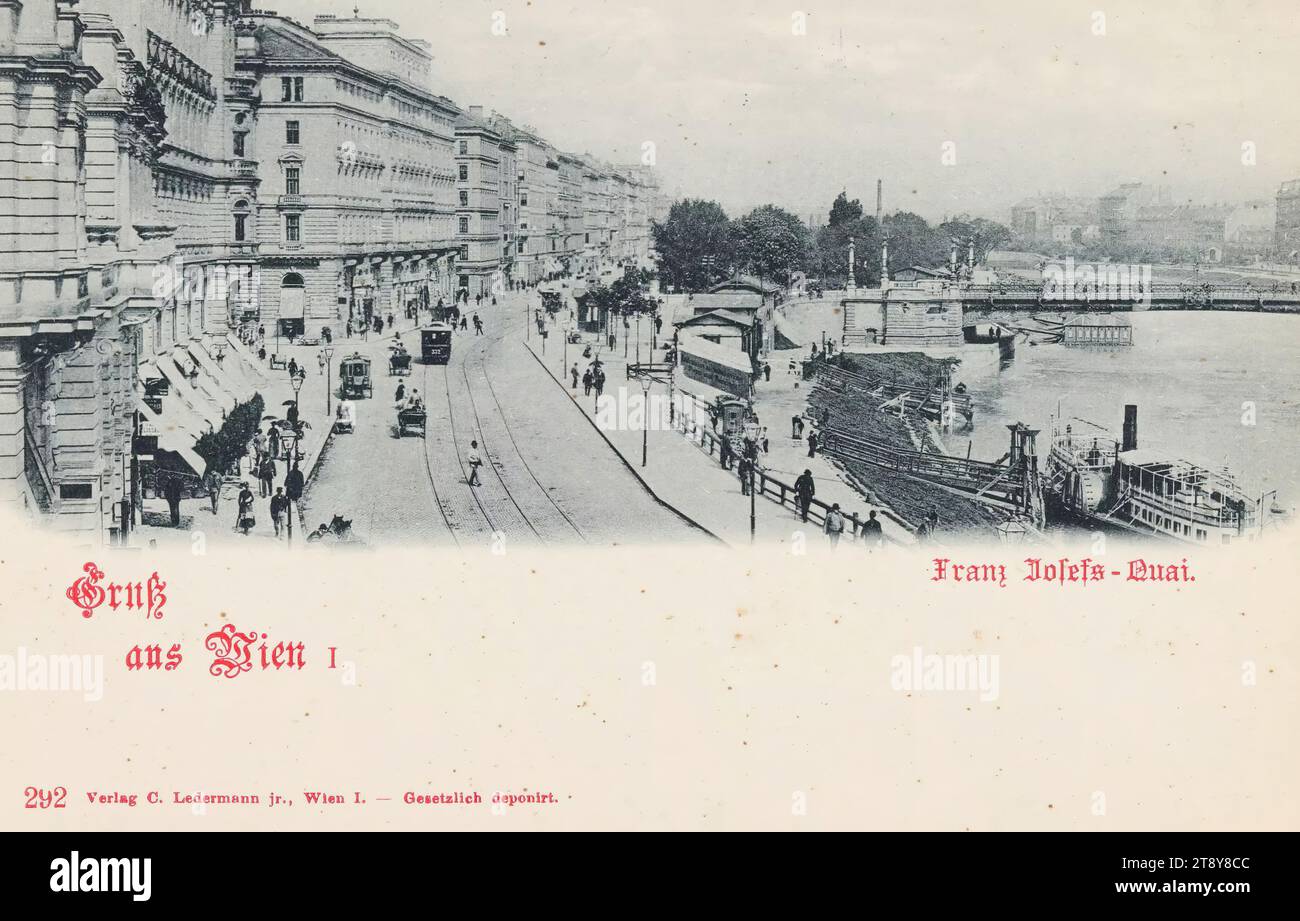 Greeting from Vienna I. Franz-Josefs-Kai, Carl (Karl) Ledermann jun., maker, date around 1898, cardboard, collotype, Danube, public transport, Danube Canal, traffic and transport, 1: Inner city, canals, waters (in the city), quay, the usual house or row of houses, apartment building, tenement building, house combined with business, railroad, tramway; rack railroad, with people, bridge, ships (general), Franz-Josefs-Kai, The Vienna Collection Stock Photo