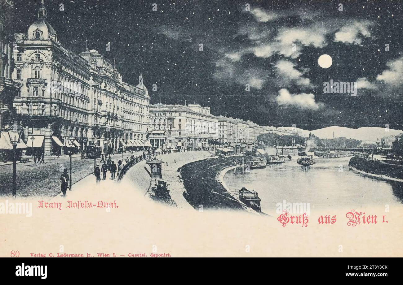 Greeting from Vienna I. Franz Josefs-Kai, Carl (Karl) Ledermann jun., producer, date around 1898, cardboard, collotype, Danube, 1: inner city, canals, waters (in the city), quay, the usual house or row of houses, low-rise, tenement, house combined with business, ships (in general), with people, night, Franz-Josefs-Kai, The Vienna Collection Stock Photo