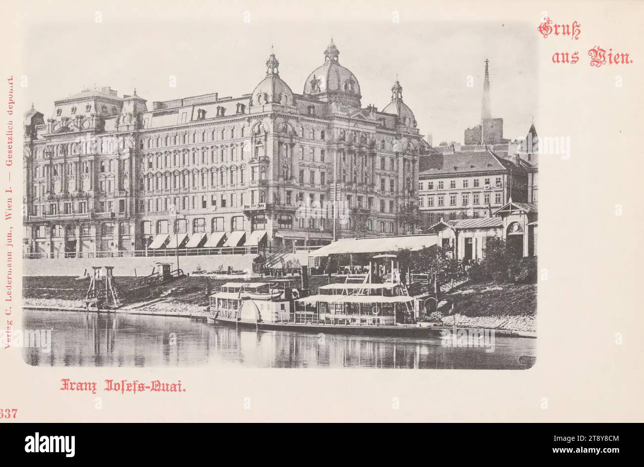 Greetings from Vienna. Franz Josefs-Kai, Carl (Karl) Ledermann jun., producer, date around 1898, cardboard, collotype, Danube, 1: Inner city, canals, waters (in the city), quay, the usual house or row of houses, low-rise, tenement, house combined with store, ships (general)., The Vienna Collection Stock Photo