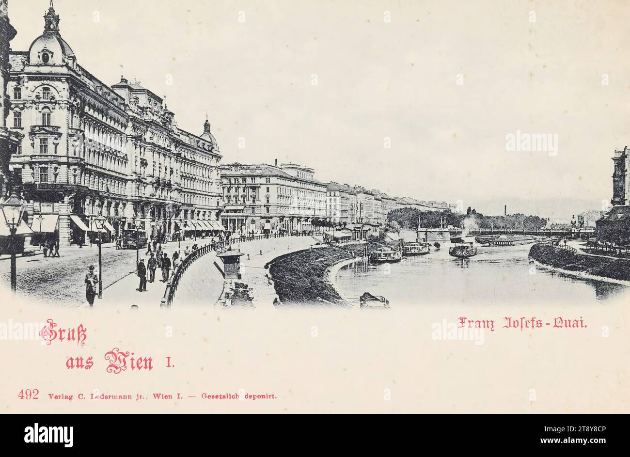 Greeting from Vienna I. Franz Josefs-Kai, Carl (Karl) Ledermann jun., maker, date about 1898, cardboard, collotype, Danube, Danube Canal, 1: Inner city, canals, waters (in the city), quay, the usual house or row of houses, low-rise building, tenement, house combined with business, ships (in general), with people, Franz-Josefs-Kai, The Vienna Collection Stock Photo