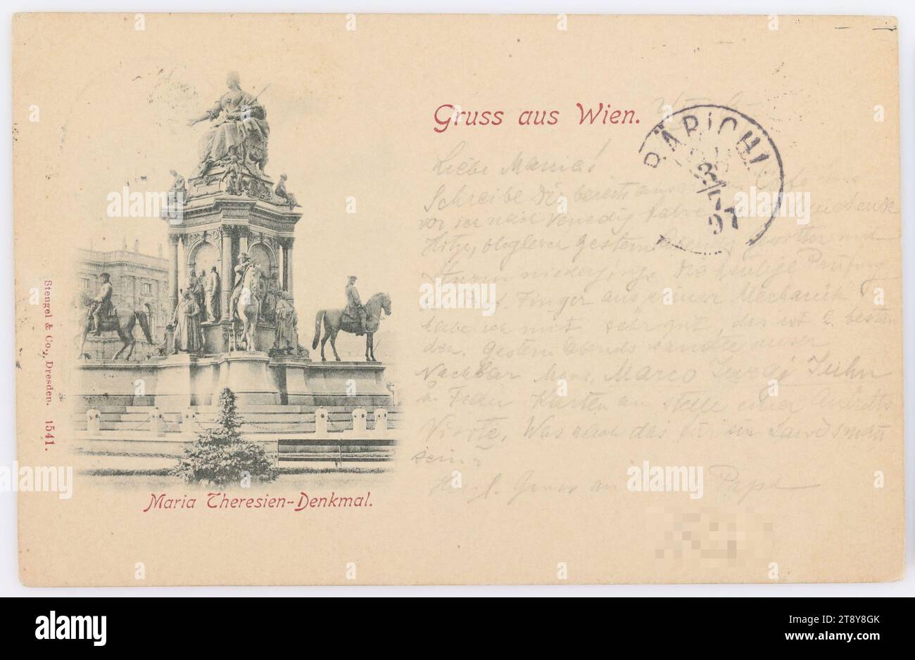 Greeting from Vienna. Maria Theresa Monument, Stengel & Co, Dresden, manufacturer, 1897, cardboard, collotype, inscription, FROM, Vienna, TO, Prebichl near Eisenerz, ADDRESS, Hochwohlg. Frau, Prebichl near Eisenerz, Styria, MESSAGE, Dear Mom!, Write to you already from a cafe before I go to Venice, today oppressive heat, although yesterday evening thunderstorm with storm came down. Today's exam with Prof. Finger from 'pure mechanics' I passed with very good Stock Photo