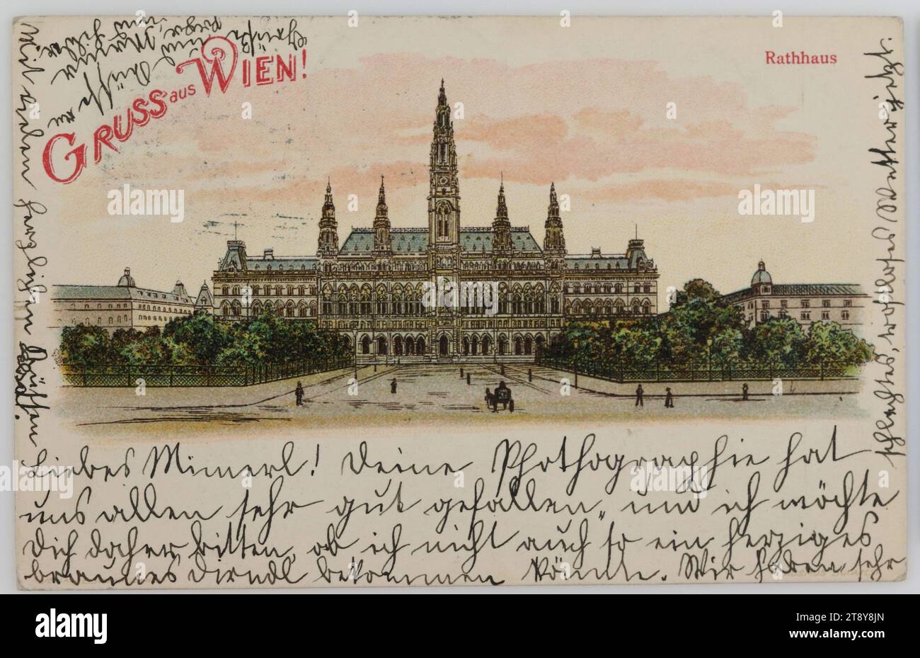 Greeting from Vienna! City Hall, Unknown, Date around 1900, Cardboard, Color lithograph, Inscription, FROM, Vienna, TO, Gries bei Bozen, ADDRESS, Wohlgeboren Fräulein, Gries bei Bozen, Hotel Mon séjour, South Tyrol, MESSAGE, Dear Mimerl! We all liked your phothography very much, and I would therefore like to ask you if I could not also get such a hearty brown dirndl. We are having very bad, dreary weather now, Greetings and kisses to Papa, Mama and Hilda, With many hearty kisses, Elsa, Sights, Ringstrasse, Park, Media and Communication, Postcards with transliteration Stock Photo