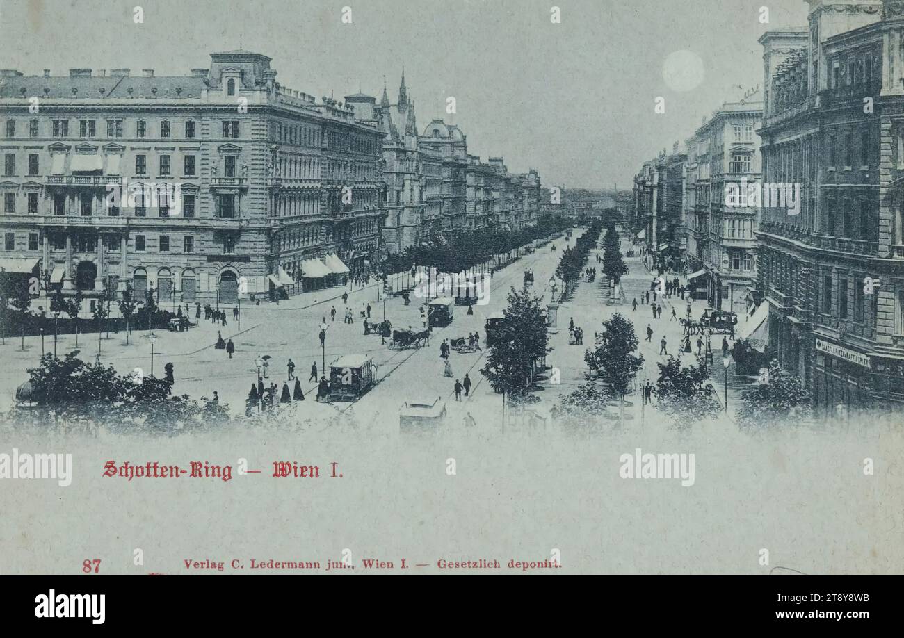 1, Schottenring - view from Schottentor, picture postcard, Carl (Karl) Ledermann Jr, maker, date around 1898, cardboard, collotype, Ringstraße, 1st district: Innere Stadt, the usual house or row of houses, low-rise, tenement, house with store, with people, four-wheeled animal-drawn vehicle, ex: Droschke, carriage, wagon, diligence, omnibus, horse-drawn streetcar, Schottenring, The Vienna Collection Stock Photo