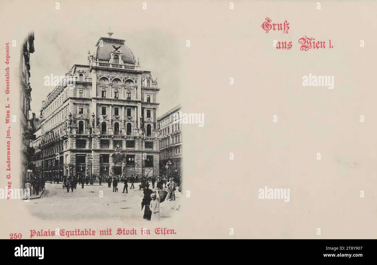 1, Stock-im-Eisen-Platz 3 - Equitablepalais mit Stock im Eisen, picture postcard, Carl (Karl) Ledermann jun., producer, date about 1898, cardboard, collotype, 1: Innere Stadt, square, place, circus etc., the usual house or row of houses, low-rise, tenement, house combined with store, with people, Palais Equitable, Stock-im-Eisen-Platz, The Vienna Collection Stock Photo