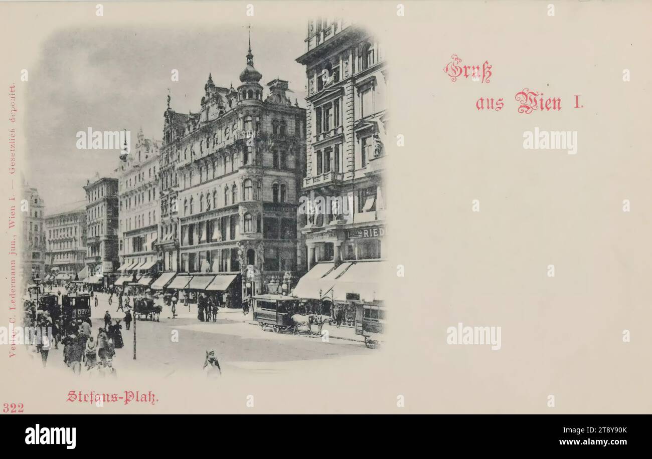 1st, Stephansplatz - view against Stock-im-Eisen-Platz, picture postcard, Carl (Karl) Ledermann jun., producer, date about 1898, cardboard, collotype, 1: inner city, square, place, circus etc., the usual house or row of houses, dwelling house, tenement house, house with store, with people, four-wheeled animal-drawn vehicle, e.g.: Droschke, carriage, wagon, diligence, omnibus, horse-drawn streetcar, Stephansplatz., The Vienna Collection Stock Photo