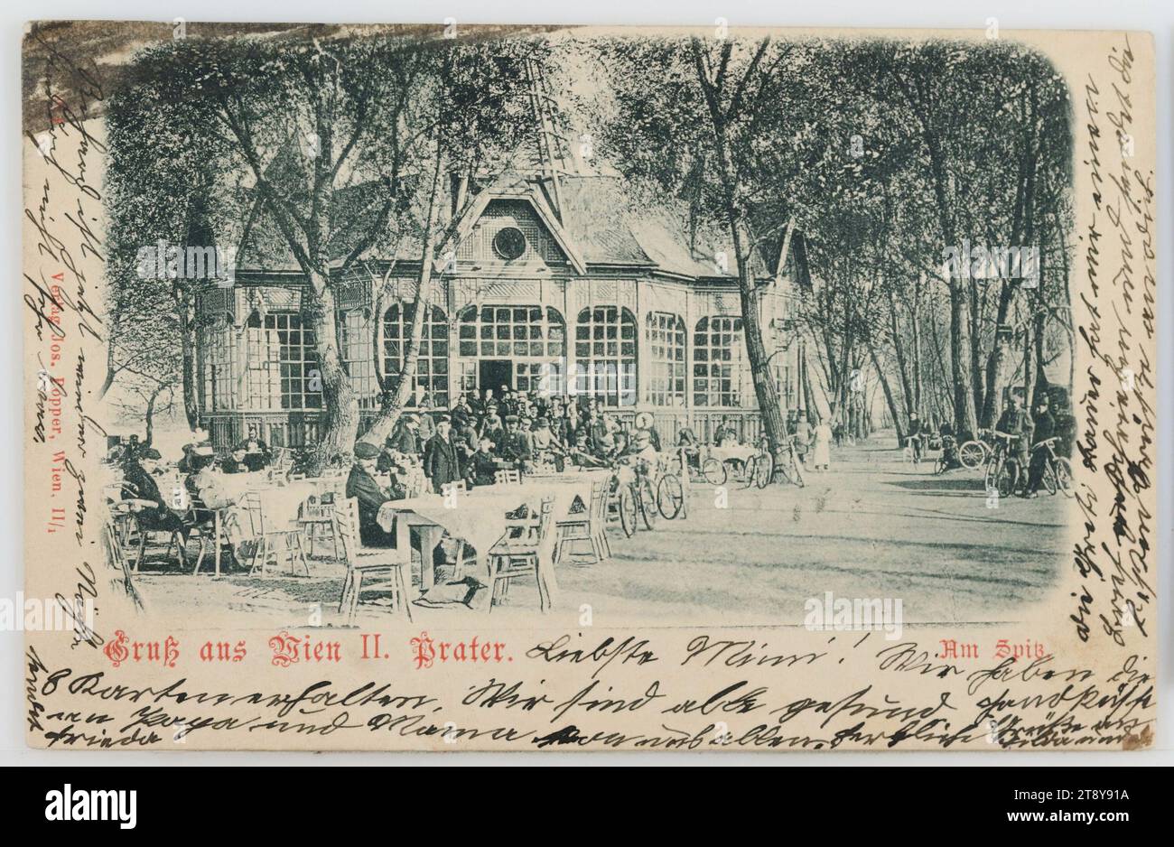 Greeting from Vienna II. Prater. Am Spitz, publisher Josef Popper (J. P. W.), producer, 1899, cardboard, collotype, inscription, FROM, Vienna, TO, Salzburg, ADDRESS, H.W. Fräulein, Salzburg, Poste restante, Salzburg, NACHRICHT, Dearest Mimi! We have received the 8 cards. We are all in good health. Hand kisses to Papa and Mama from all of us. Best regards to Hilda and d(ich), Greti Bauer wrote me a letter and sends the best regards to you, Richard is now again two nights through not very good, sends Frieda, Prater, leisure and recreation, food and drink, hotel and catering Stock Photo
